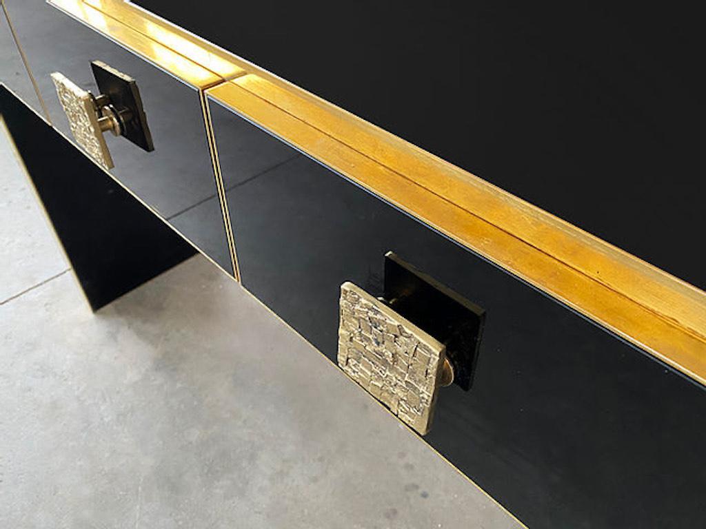 Contemporary Bespoke Italian Art Deco Design Black Glass & Cast Brass Console Table/Sideboard For Sale