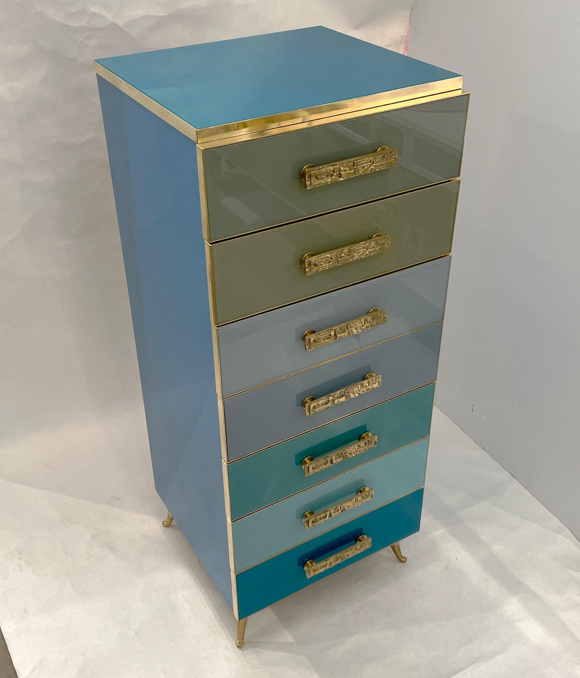 Bespoke Italian Art Deco Design Blue Taupe Gray Glass 7-Drawer Chest Semainier For Sale 4