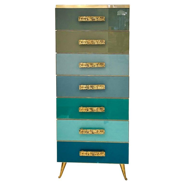 Bespoke Italian Art Deco Design Blue Taupe Gray Glass 7-Drawer Chest Semainier For Sale 6