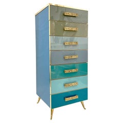 Bespoke Italian Art Deco Design Blue Taupe Gray Glass 7-Drawer Chest Semainier