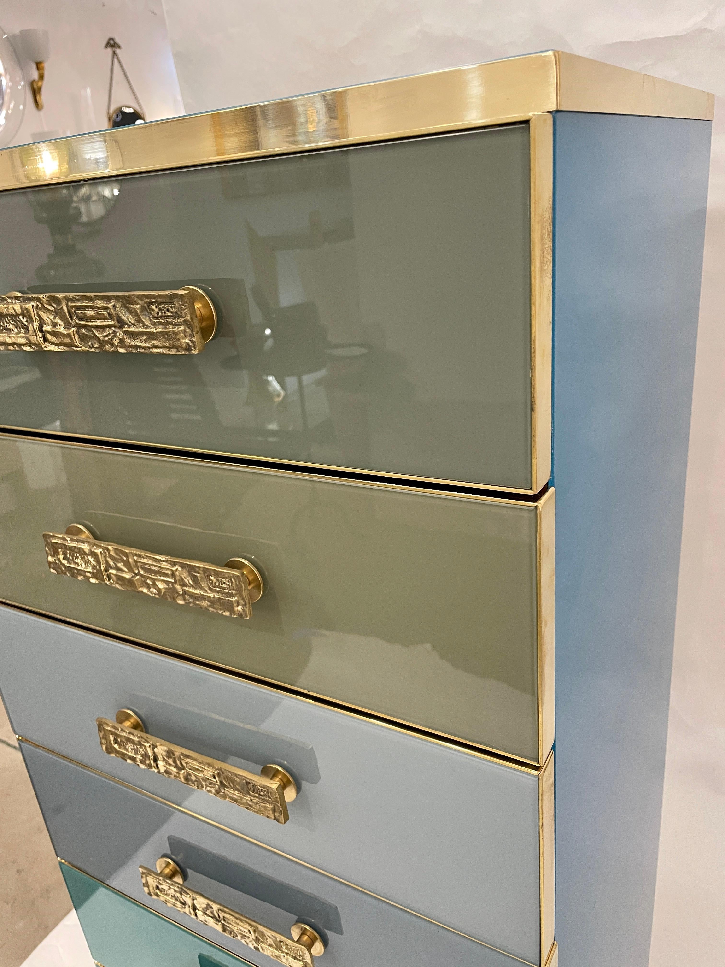 Brass Bespoke Italian Art Deco Design Blue Taupe Gray Glass 7-Drawer Chest Semainier For Sale
