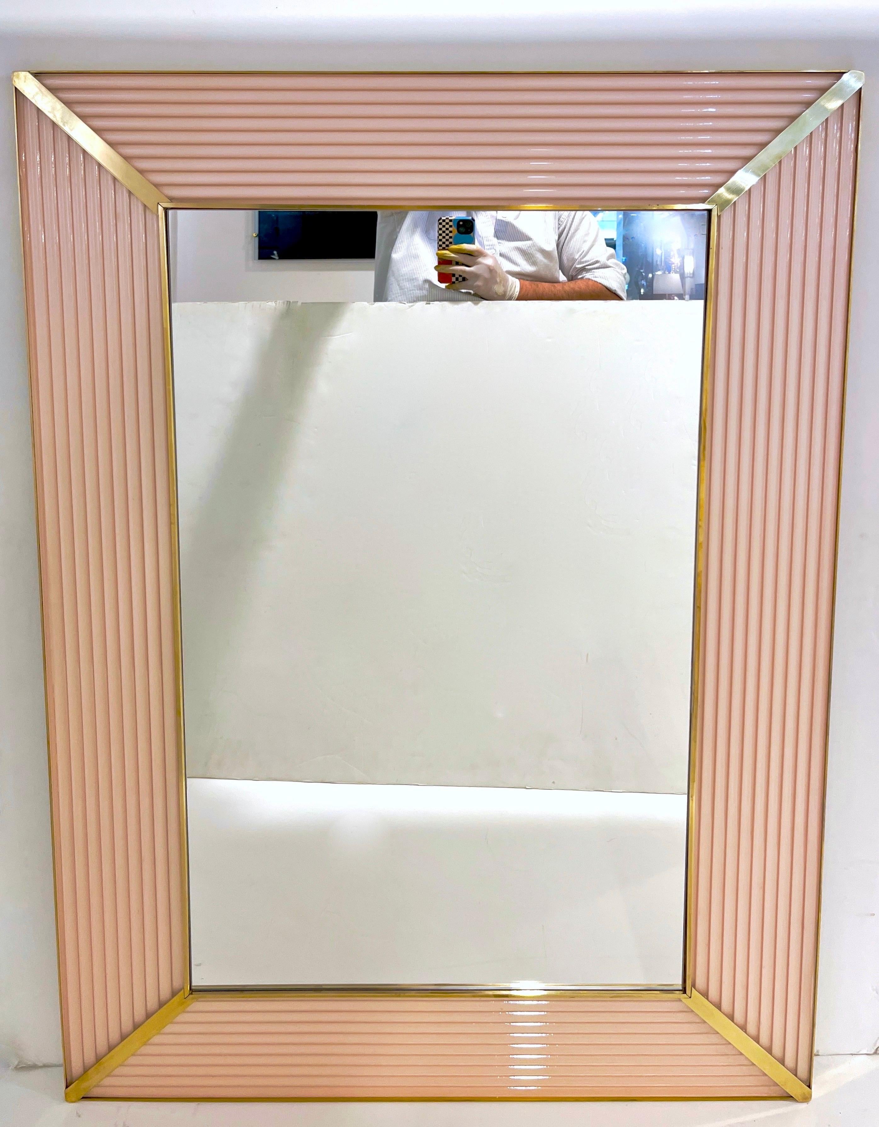 Contemporary Bespoke Italian Art Deco Design Iridescent Pink Fluted Murano Glass Brass Mirror For Sale