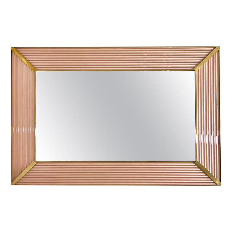 Bespoke Italian Art Deco Design Iridescent Pink Fluted Murano Glass Brass Mirror For Sale 1