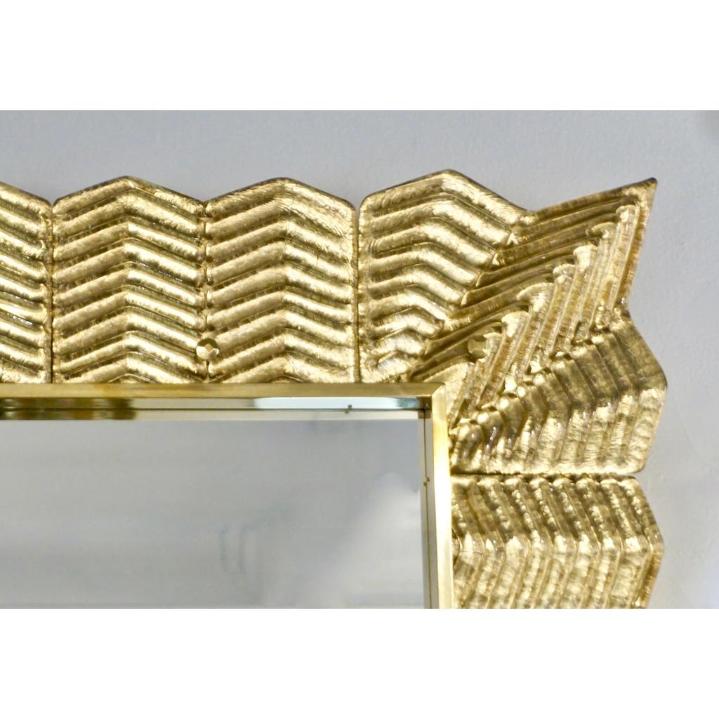Hand-Crafted Bespoke Italian Art Deco Design Ruffled Gold Murano Glass Brass Mirror For Sale