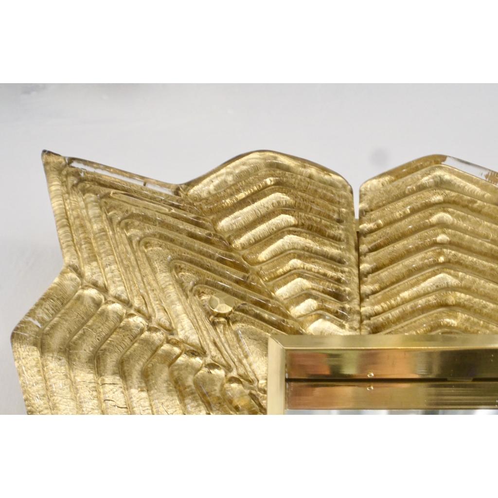 Bespoke Italian Art Deco Design Ruffled Gold Murano Glass Brass Mirror For Sale 1