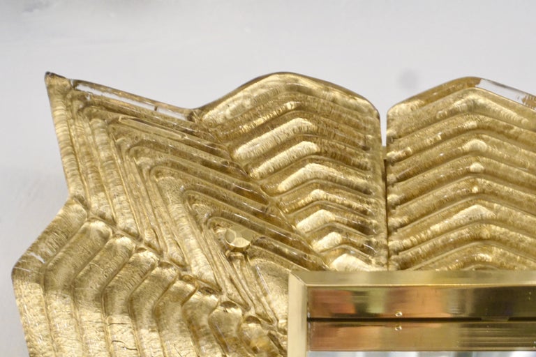 Gold Leaf Bespoke Italian Art Deco Design Ruffled Gold Murano Glass Brass Mirror For Sale