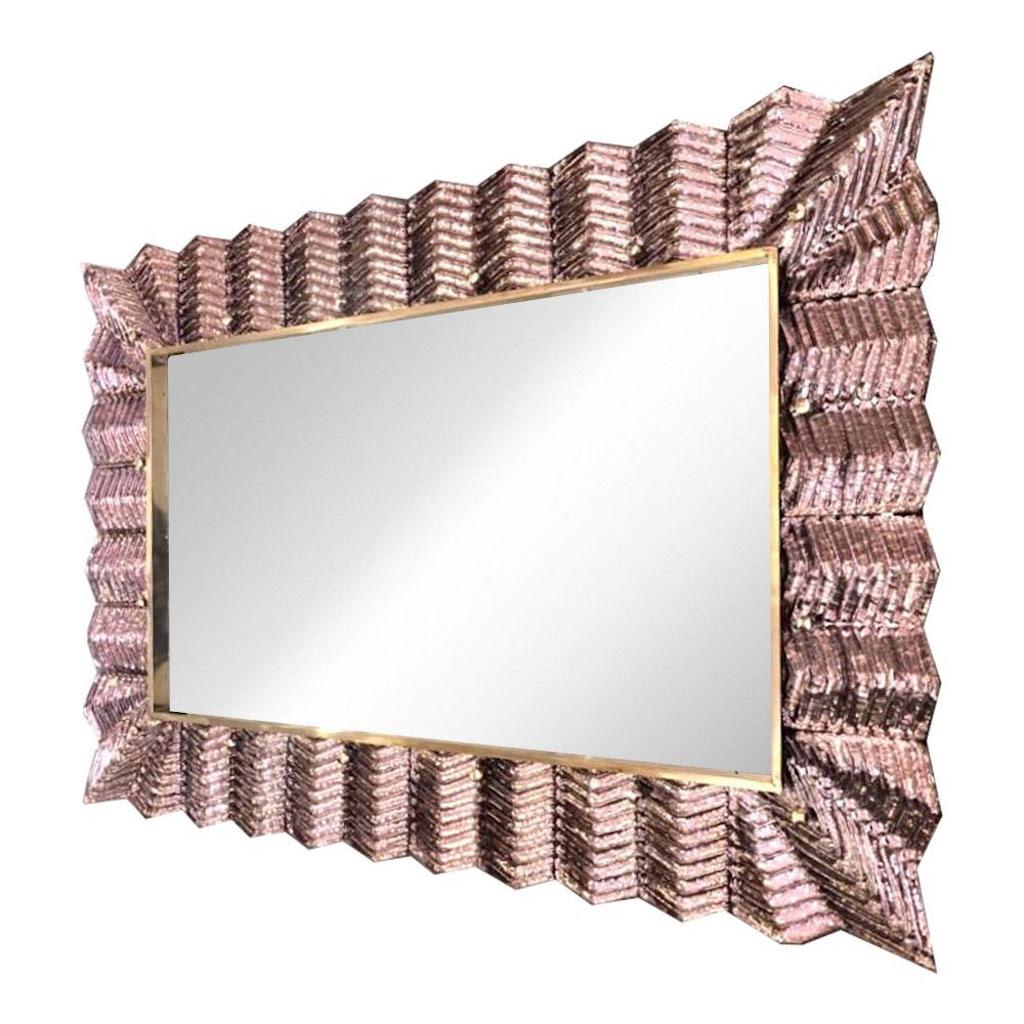 Contemporary Bespoke Italian Art Deco Design Ruffled Gold Murano Glass Brass Mirror For Sale