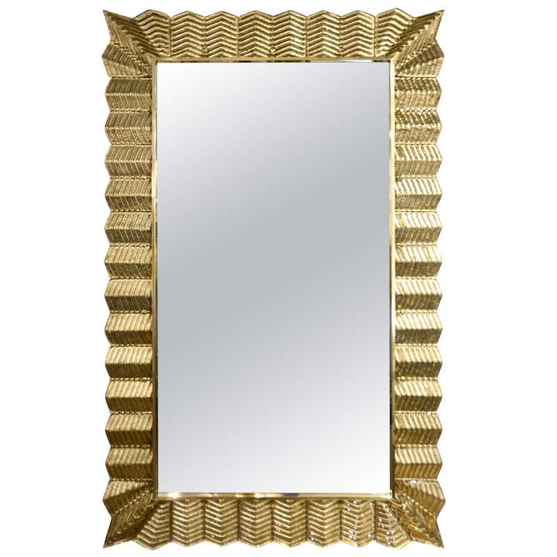 Bespoke Italian Art Deco Design Ruffled Gold Murano Glass Brass Mirror ...