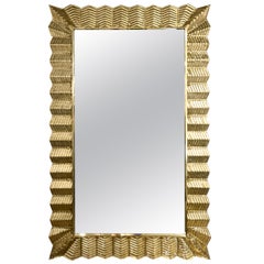 Bespoke Italian Art Deco Design Ruffled Gold Murano Glass Brass Mirror