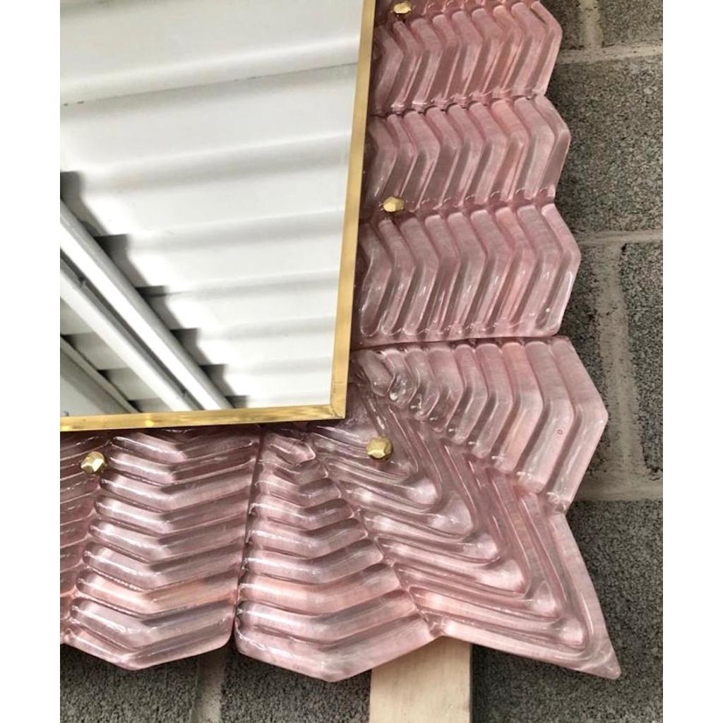 Hand-Crafted Bespoke Italian Art Deco Design Ruffled Silver Pink Murano Glass Brass Mirror For Sale