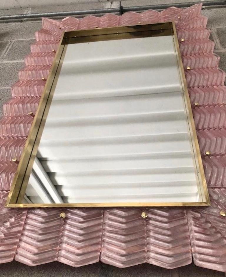 Contemporary Bespoke Italian Art Deco Design Ruffled Silver Pink Murano Glass Brass Mirror For Sale