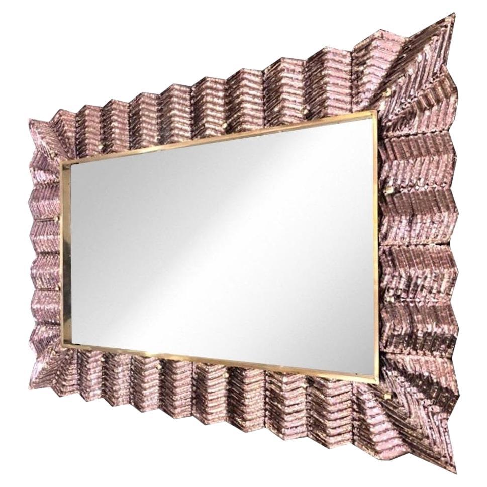 Bespoke Italian Art Deco Design Ruffled Silver Pink Murano Glass Brass Mirror For Sale