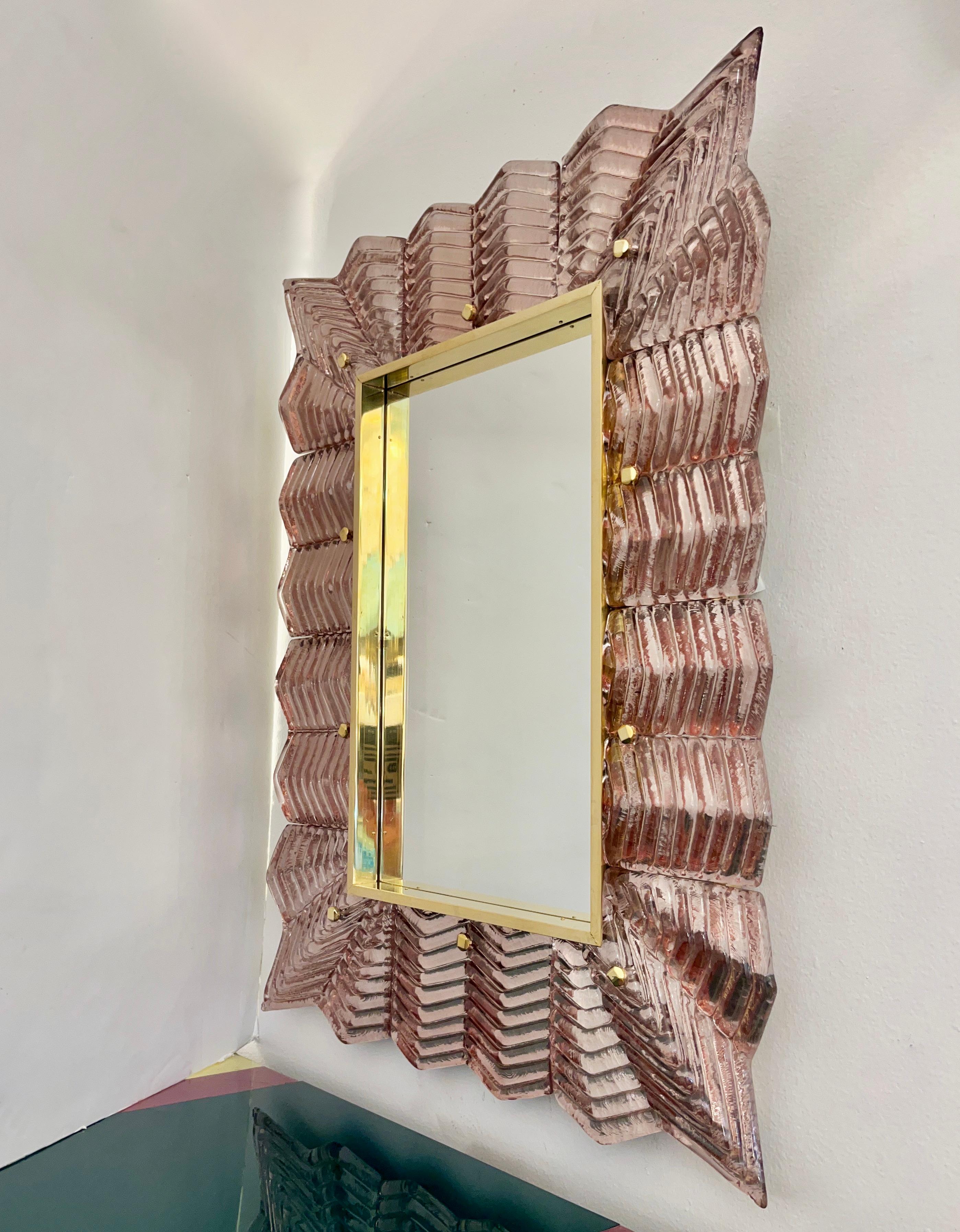 Bespoke Italian Art Deco Design Small Ruffled Pink Murano Glass Brass Mirror For Sale 5