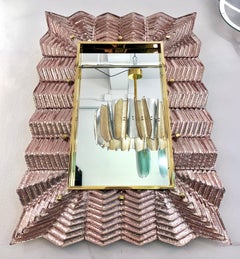 Bespoke Italian Art Deco Design Small Ruffled Pink Murano Glass Brass Mirror