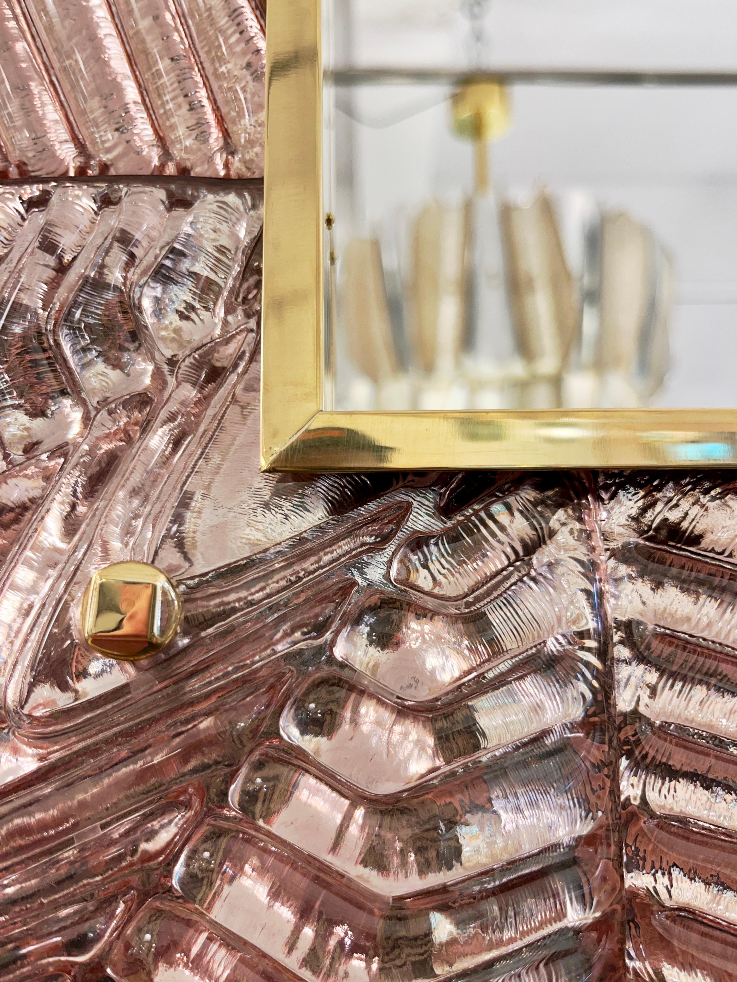Silver Leaf Bespoke Italian Art Deco Design Small Ruffled Pink Murano Glass Brass Mirror