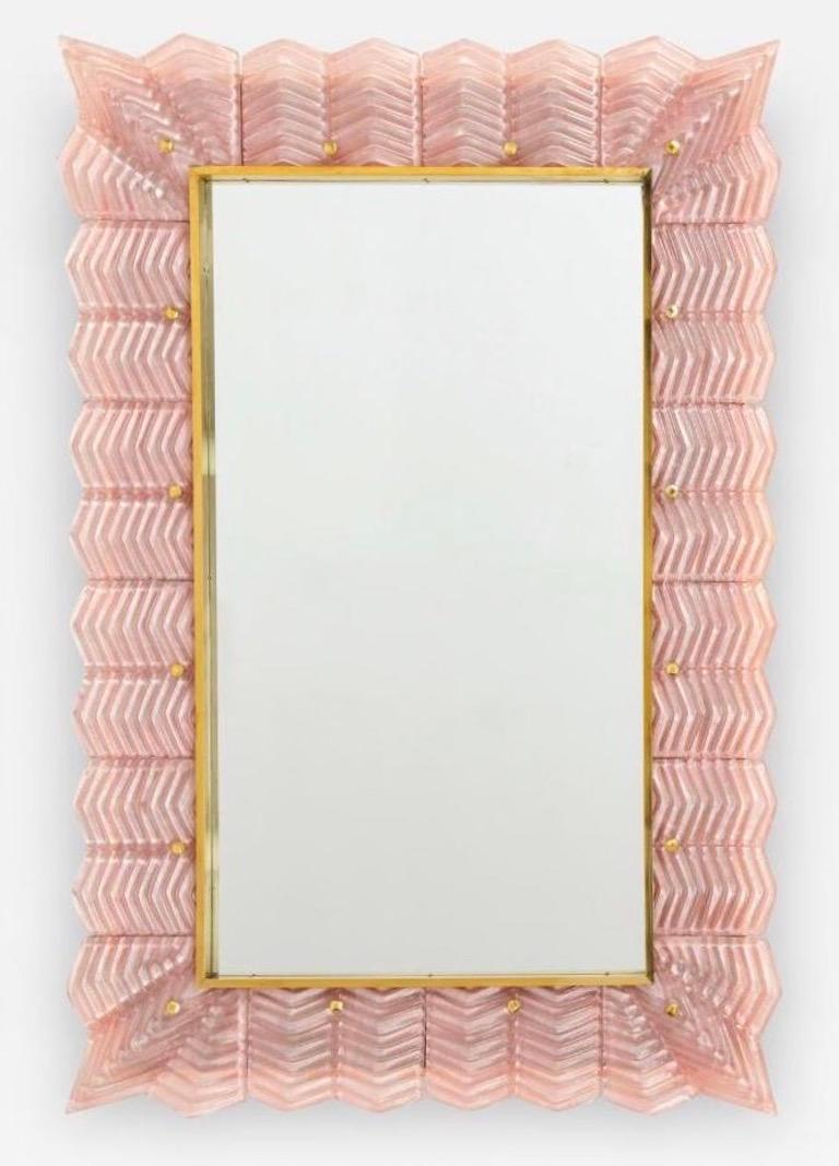 Bespoke Italian Art Deco Design Small Ruffled Pink Murano Glass Brass Mirror 2