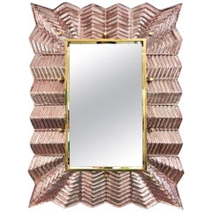 Bespoke Italian Art Deco Design Small Ruffled Pink Murano Glass Brass Mirror