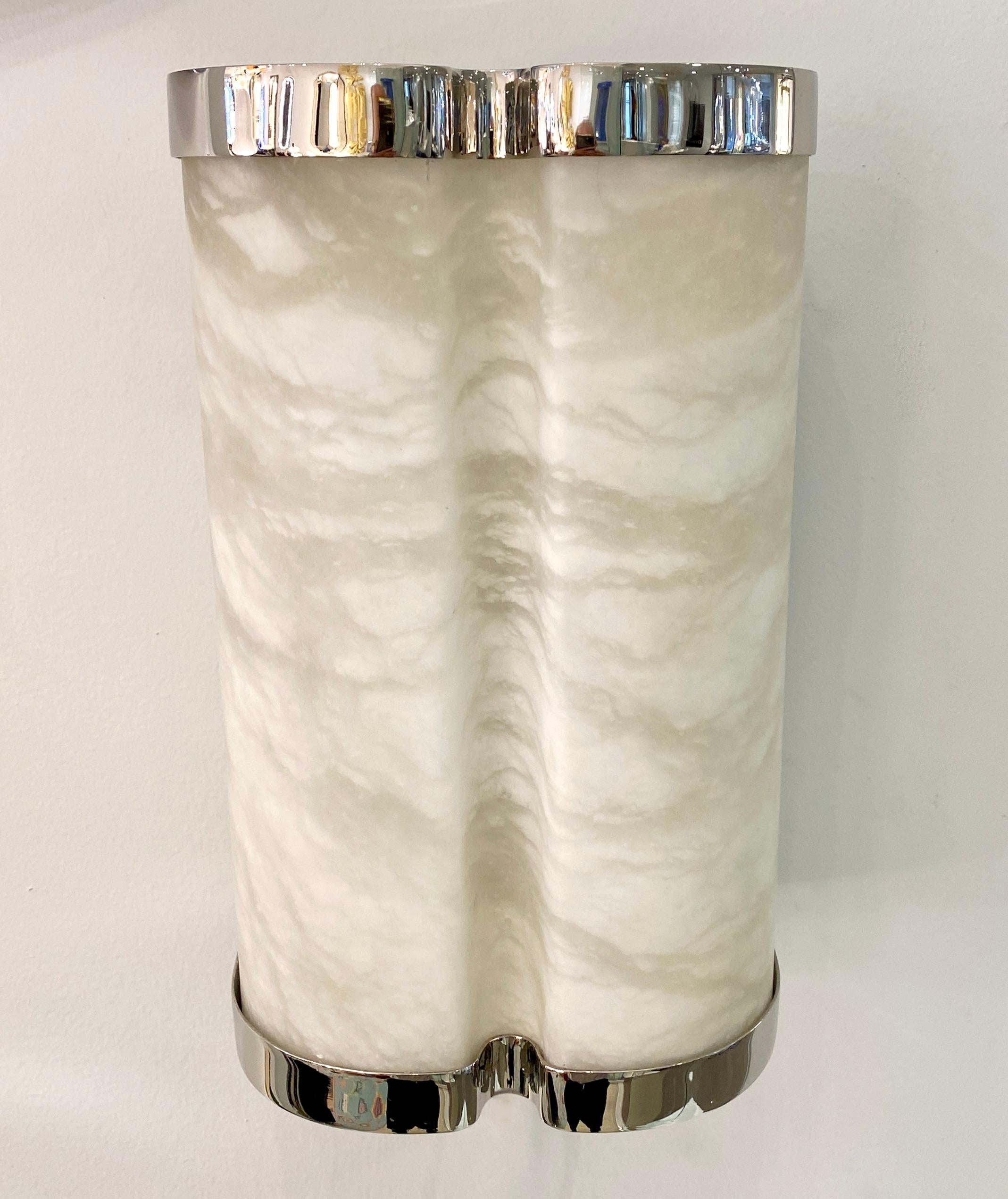 Bespoke Italian Art Deco Style Cream White Alabaster Pair Nickel Edged Sconces For Sale 3
