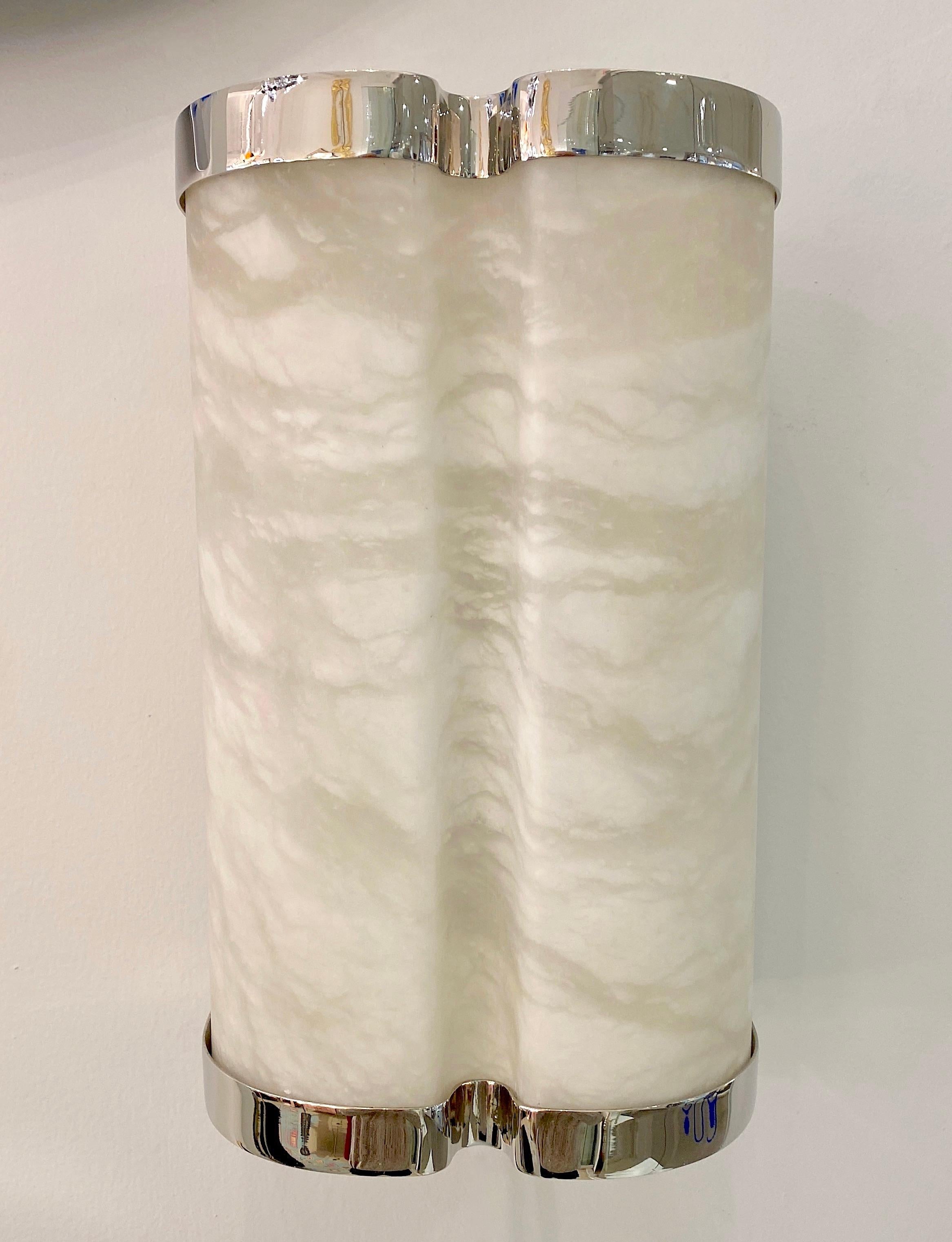 Bespoke Italian Art Deco Style Cream White Alabaster Pair Nickel Edged Sconces For Sale 6