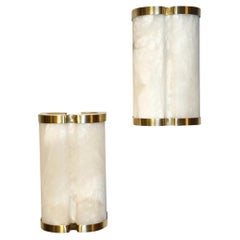 Bespoke Italian Art Deco Style Cream White Alabaster Pair of Brass Edged Sconces