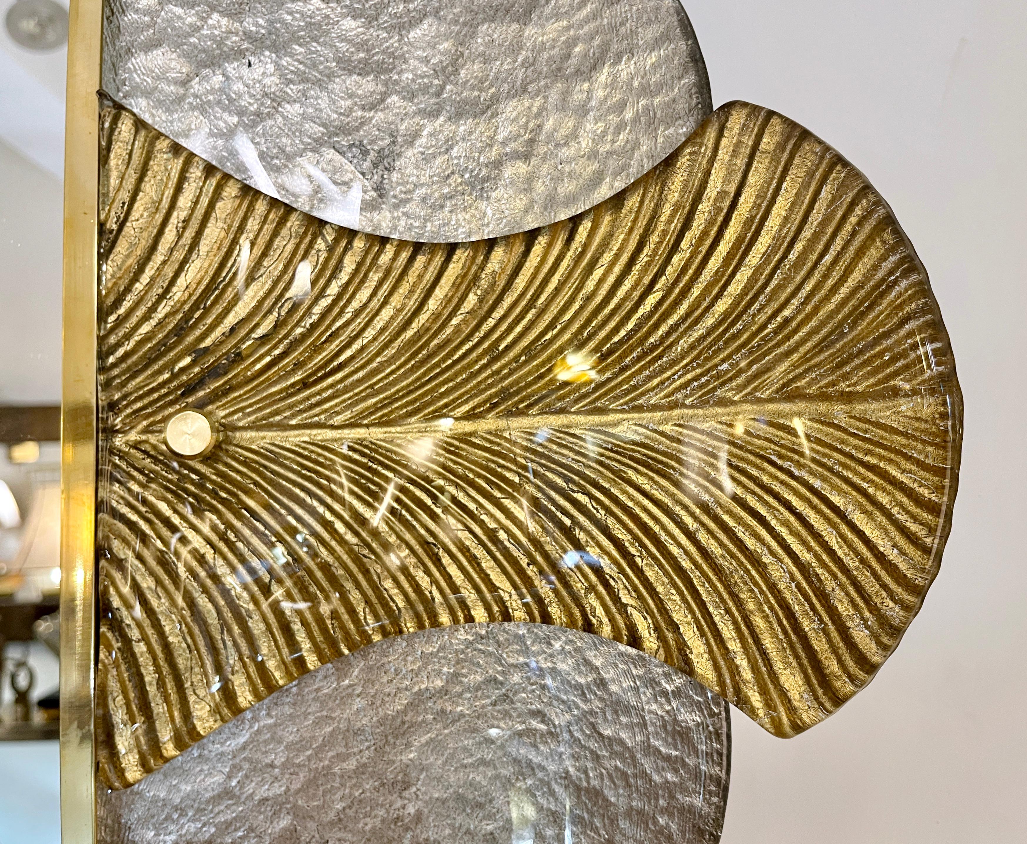 Bespoke Italian Art Deco Style Curved Leaf Gold Silver Murano Glass Brass Mirror For Sale 1