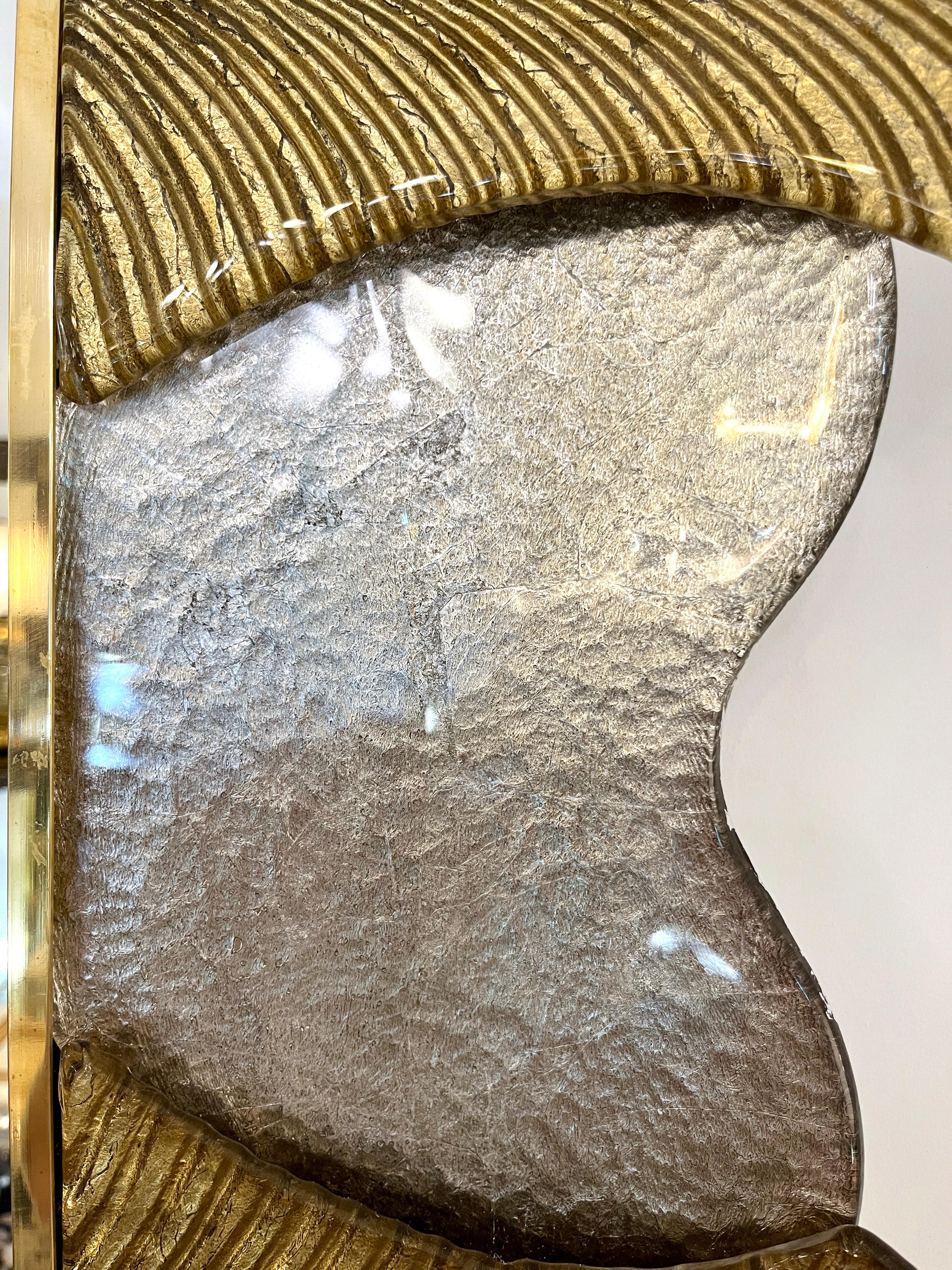 Contemporary Bespoke Italian Art Deco Style Curved Leaf Gold Silver Murano Glass Brass Mirror For Sale