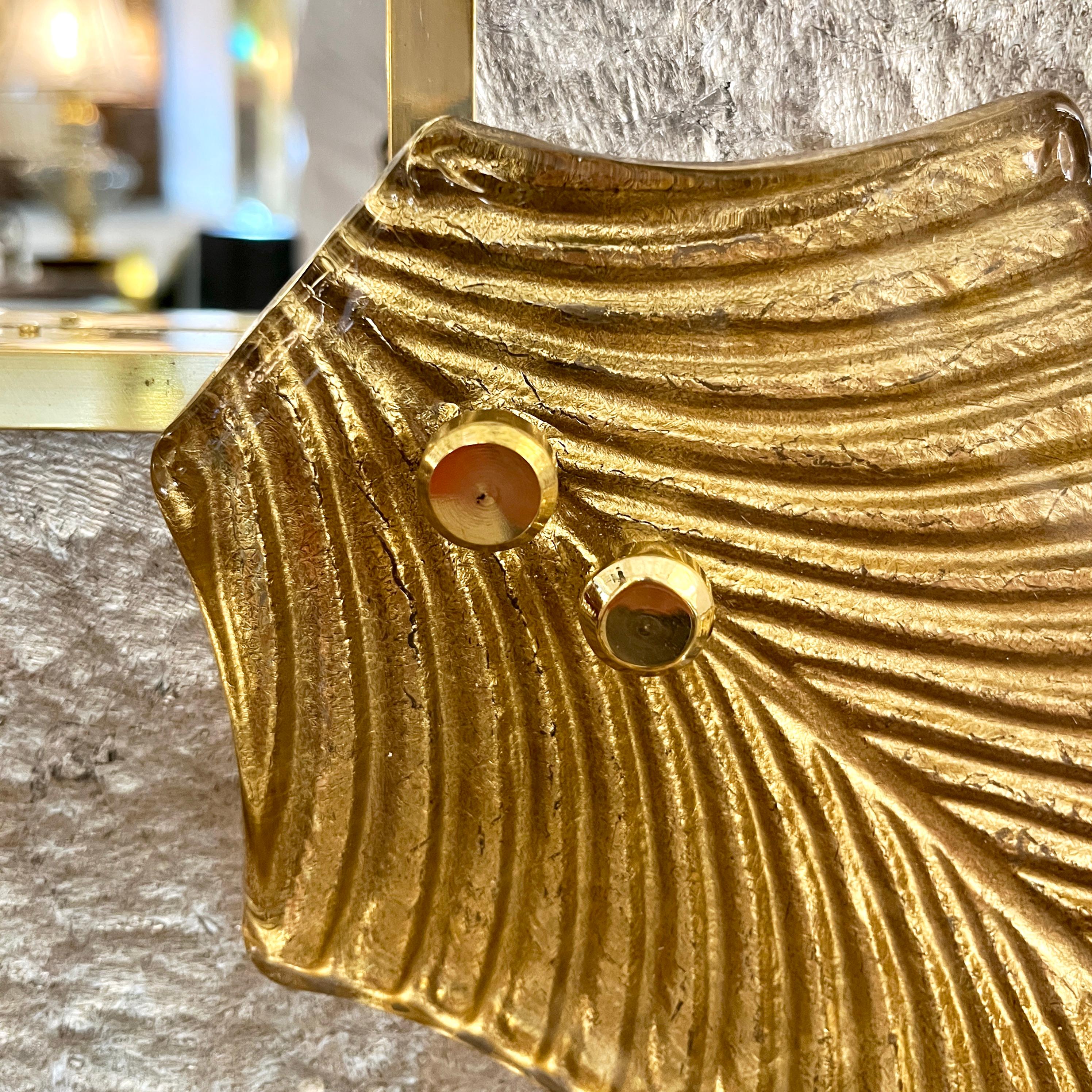 Bespoke Italian Art Deco Style Curved Leaf Gold Silver Murano Glass Brass Mirror For Sale 1