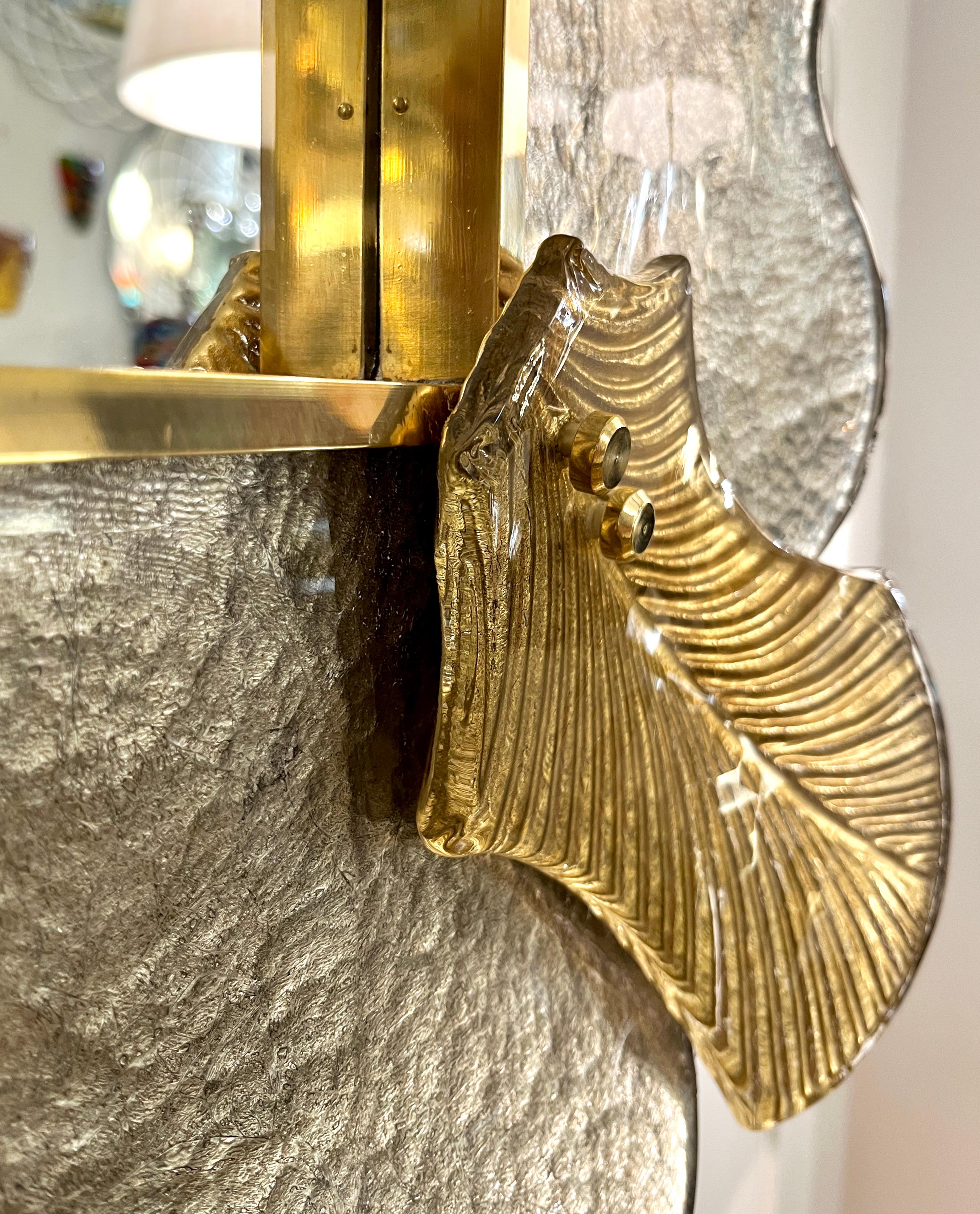 Bespoke Italian Art Deco Style Curved Leaf Gold Silver Murano Glass Brass Mirror For Sale 2