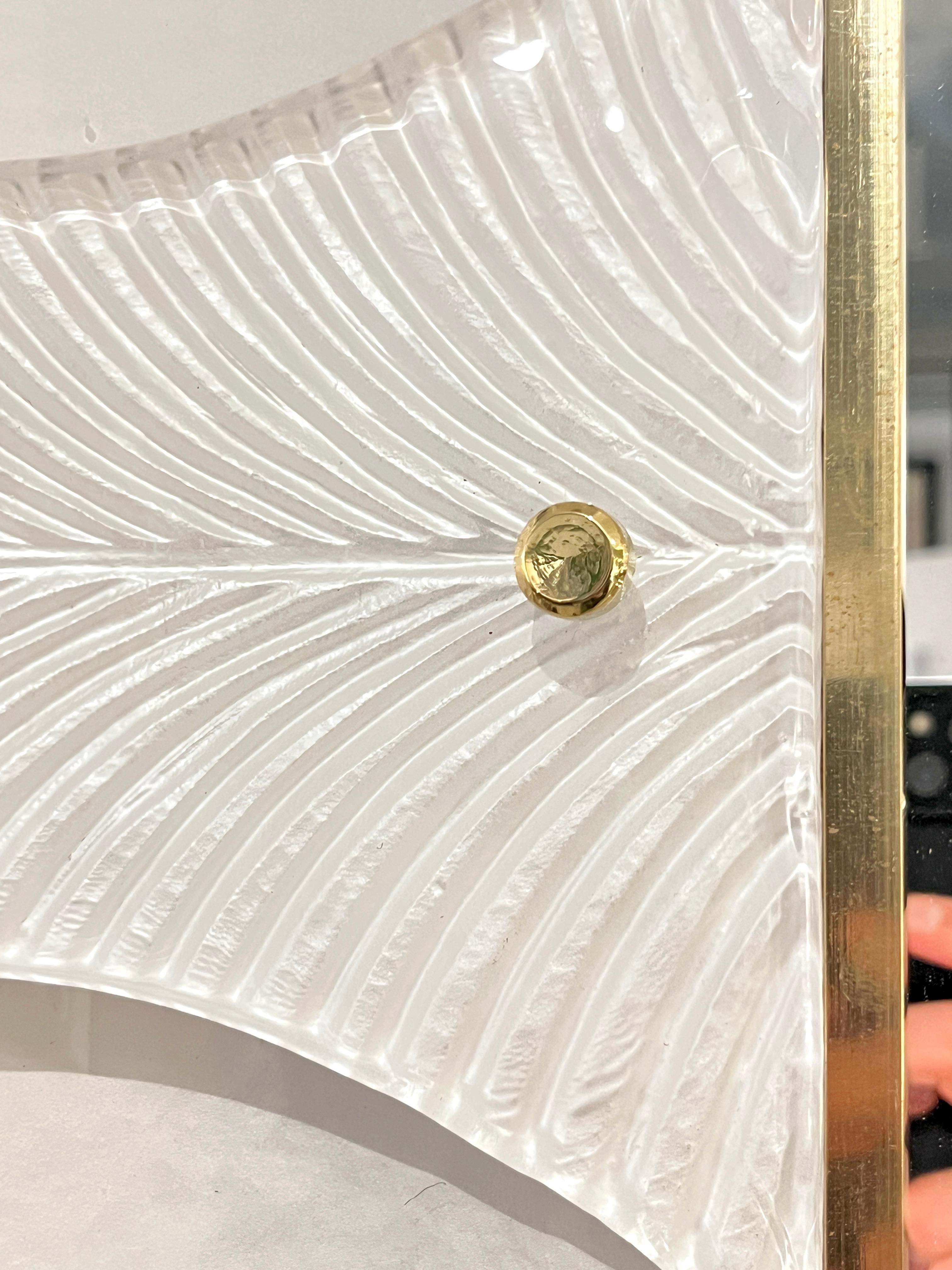 Bespoke Italian Art Deco Style Curved Leaf White Gold Murano Glass Brass Mirror For Sale 5