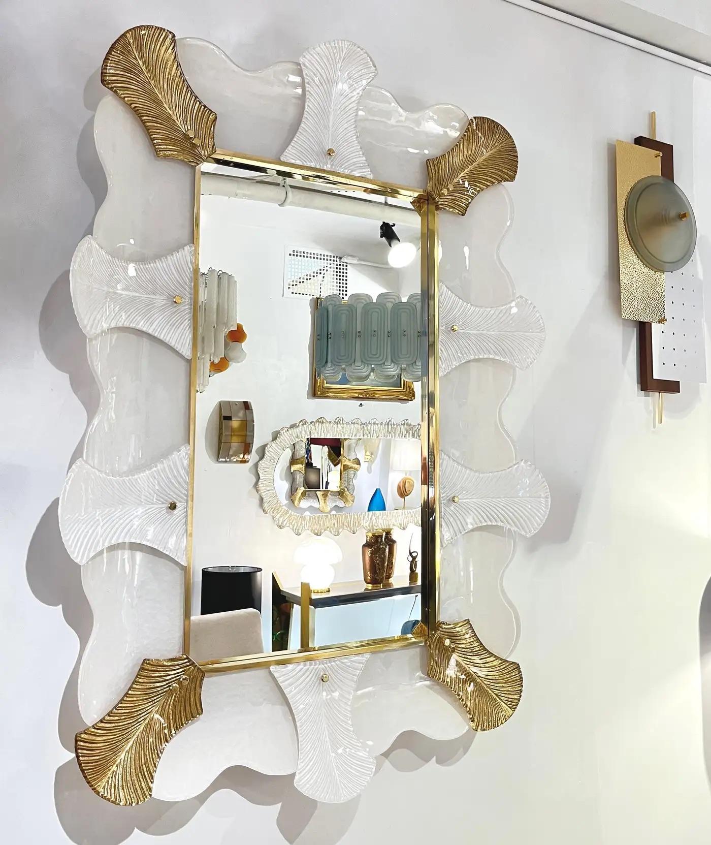 Bespoke Italian Art Deco Style Curved Leaf White Gold Murano Glass Brass Mirror For Sale 6