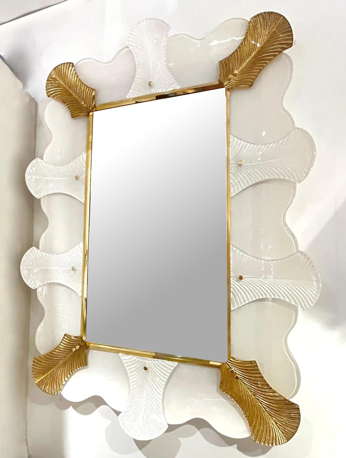 Organic Modern Bespoke Italian Art Deco Style Curved Leaf White Gold Murano Glass Brass Mirror For Sale
