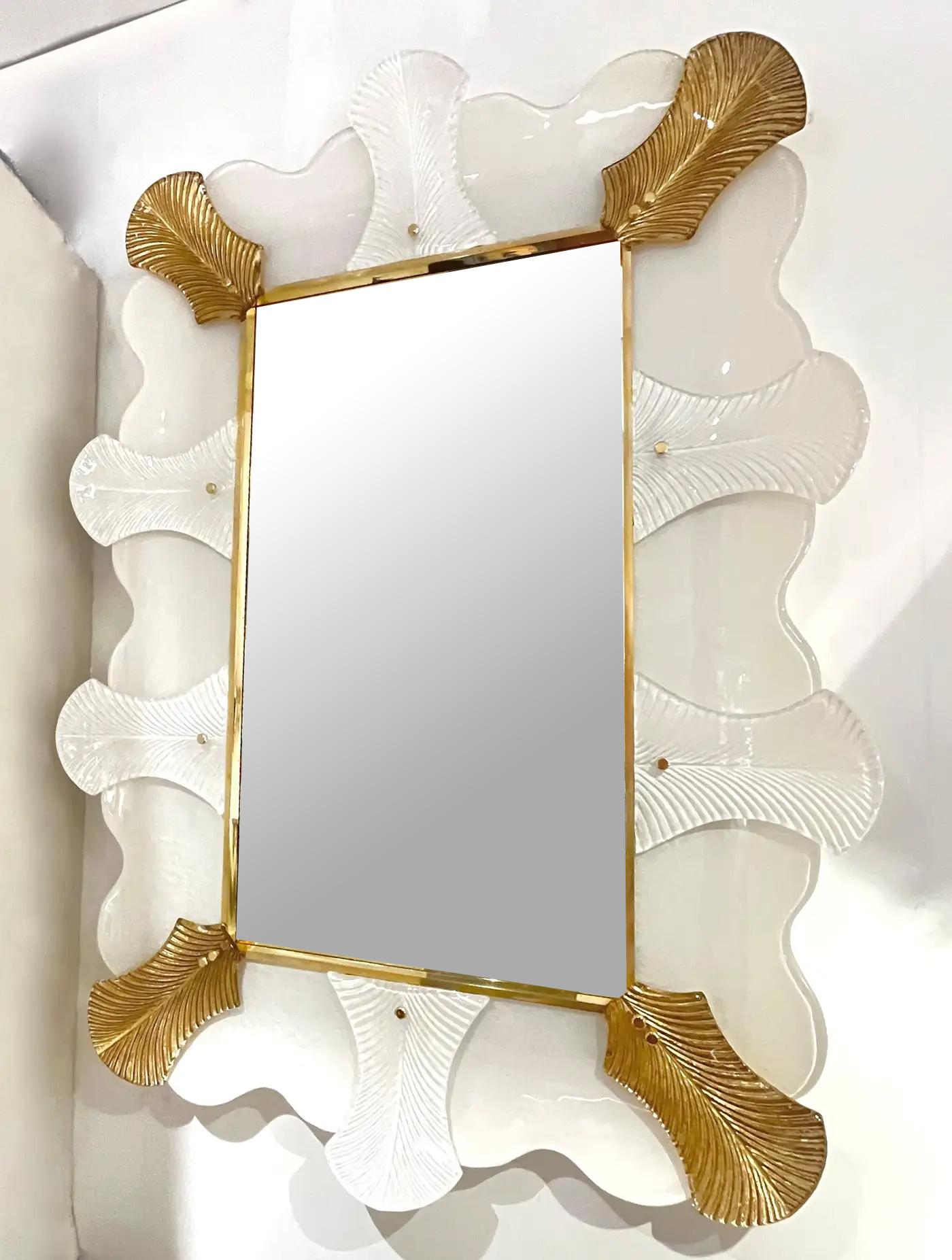 Organic Modern Bespoke Italian Art Deco Style Curved Leaf White Gold Murano Glass Brass Mirror For Sale