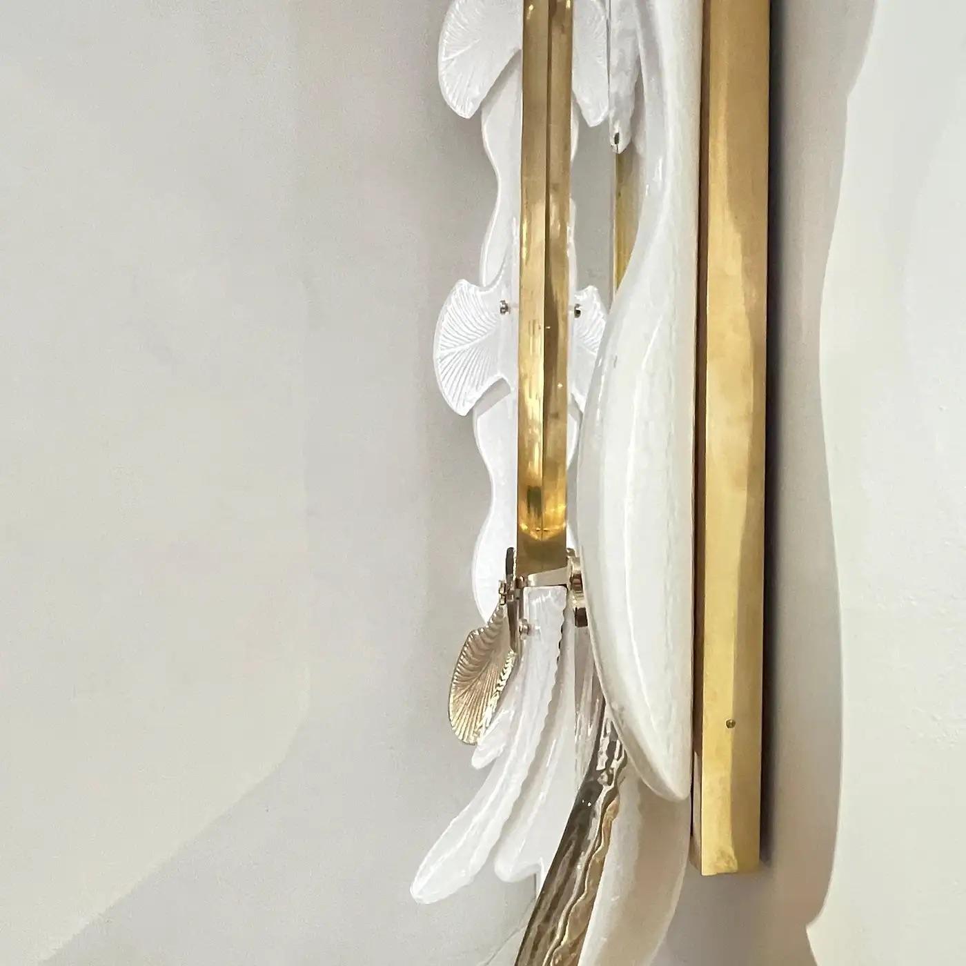Hand-Crafted Bespoke Italian Art Deco Style Curved Leaf White Gold Murano Glass Brass Mirror For Sale