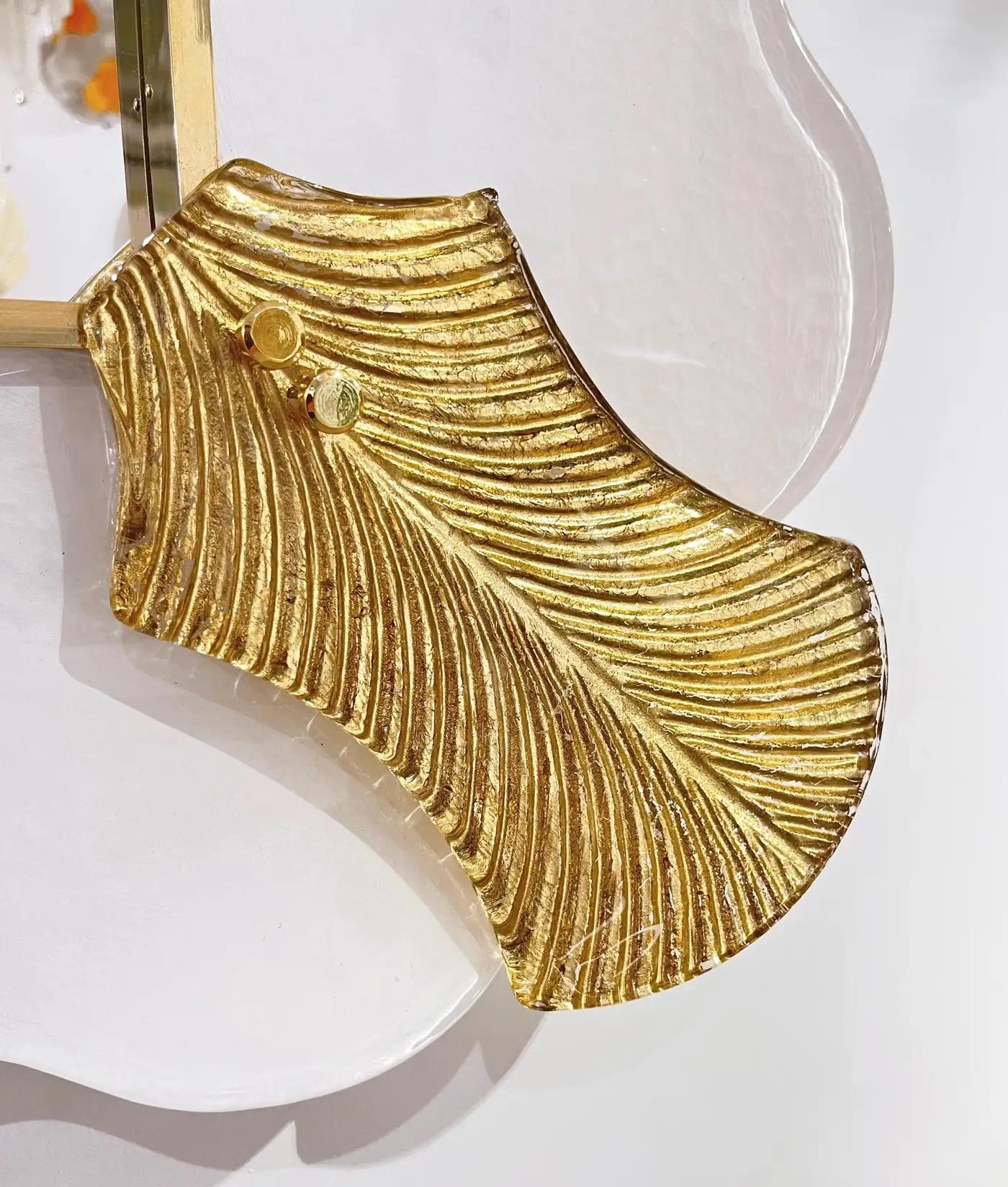 Contemporary Bespoke Italian Art Deco Style Curved Leaf White Gold Murano Glass Brass Mirror For Sale