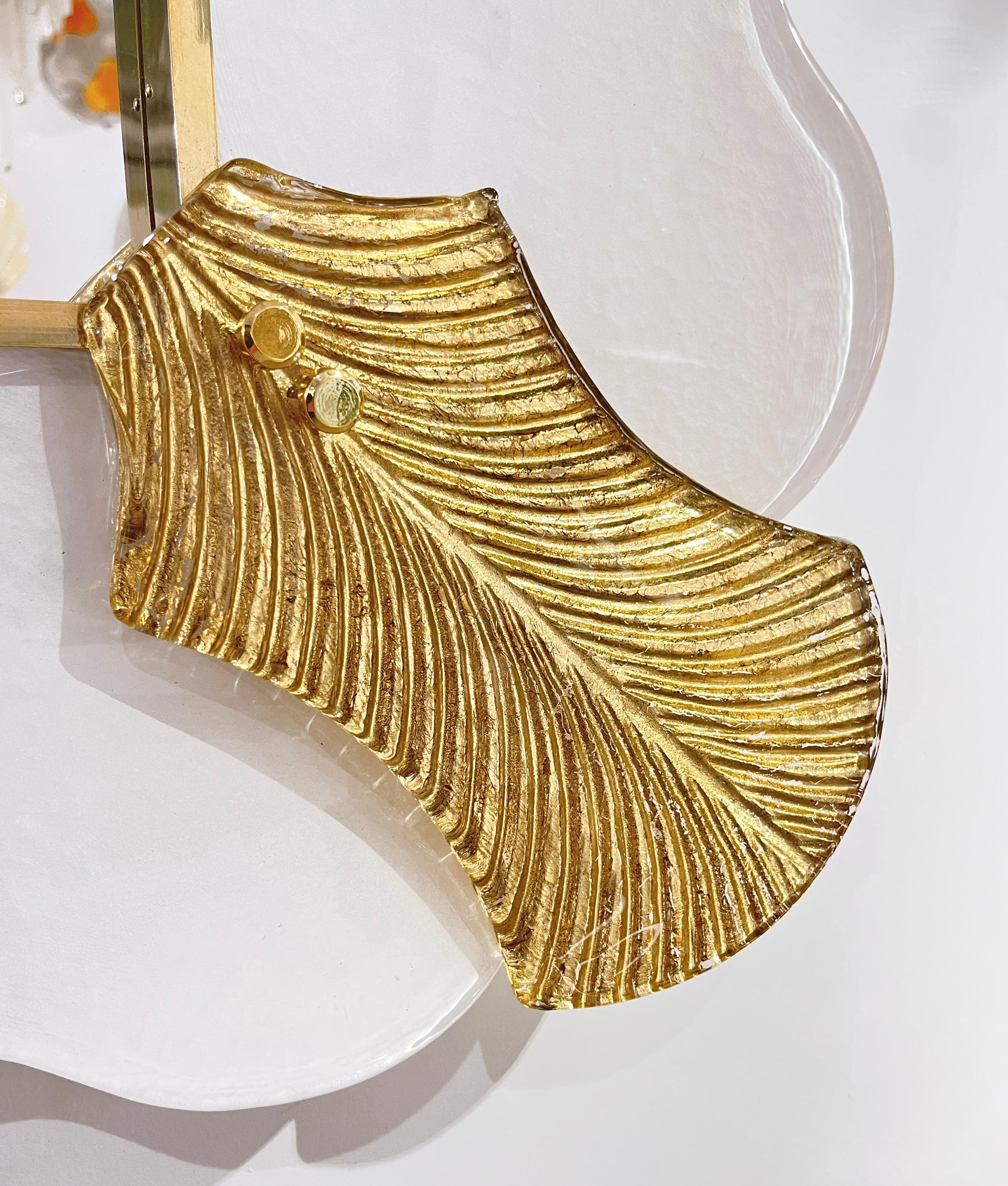 Contemporary Bespoke Italian Art Deco Style Curved Leaf White Gold Murano Glass Brass Mirror For Sale