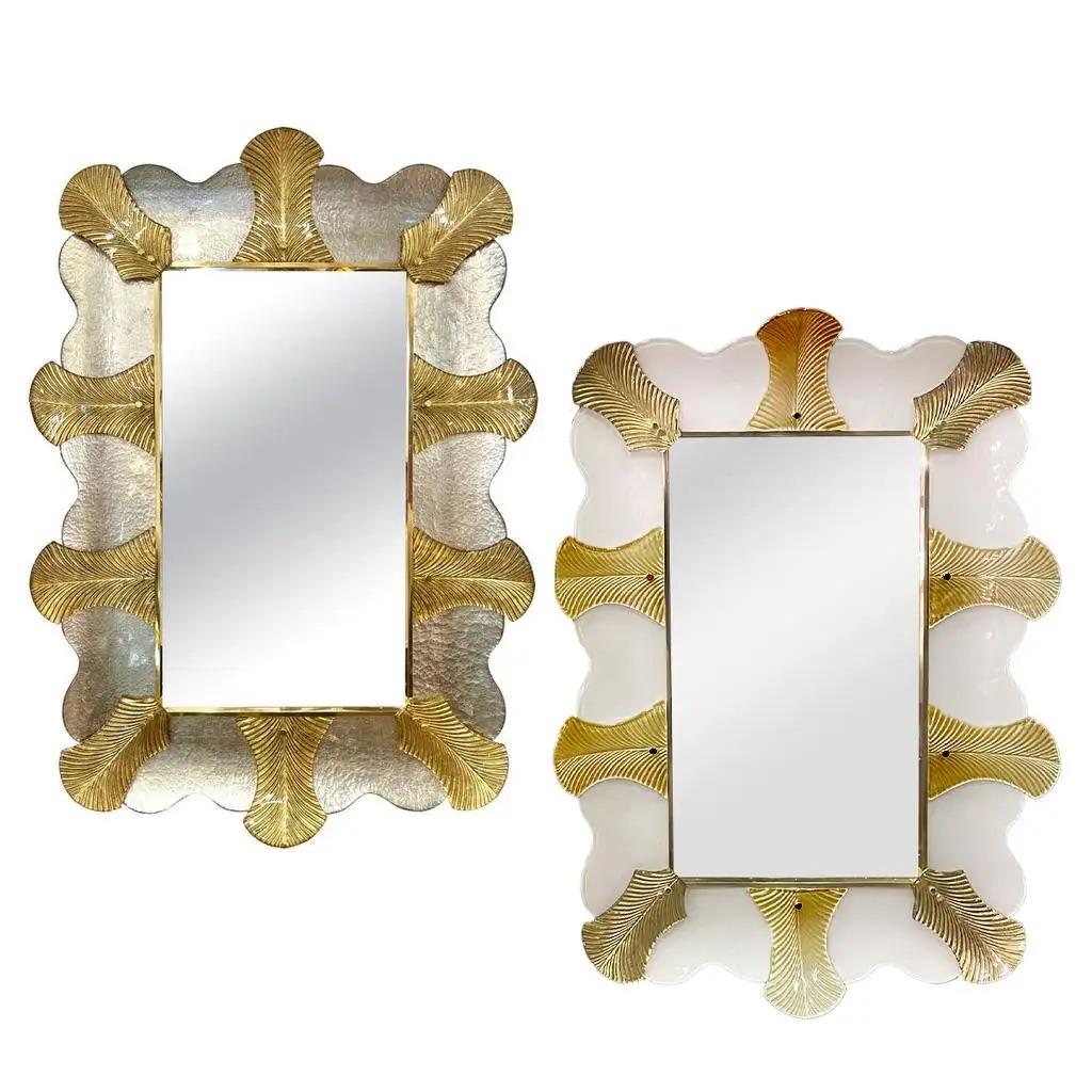 Bespoke Italian Art Deco Style Curved Leaf White Gold Murano Glass Brass Mirror For Sale 2