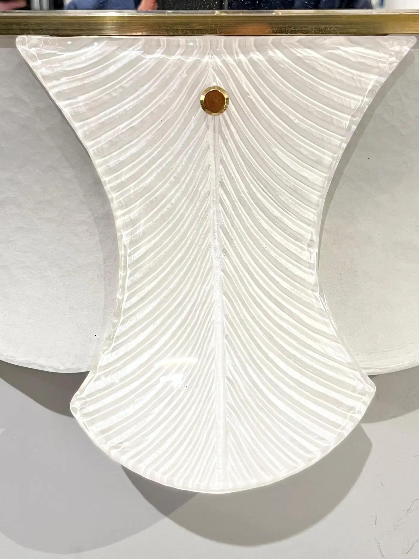 Bespoke Italian Art Deco Style Curved Leaf White Gold Murano Glass Brass Mirror For Sale 3