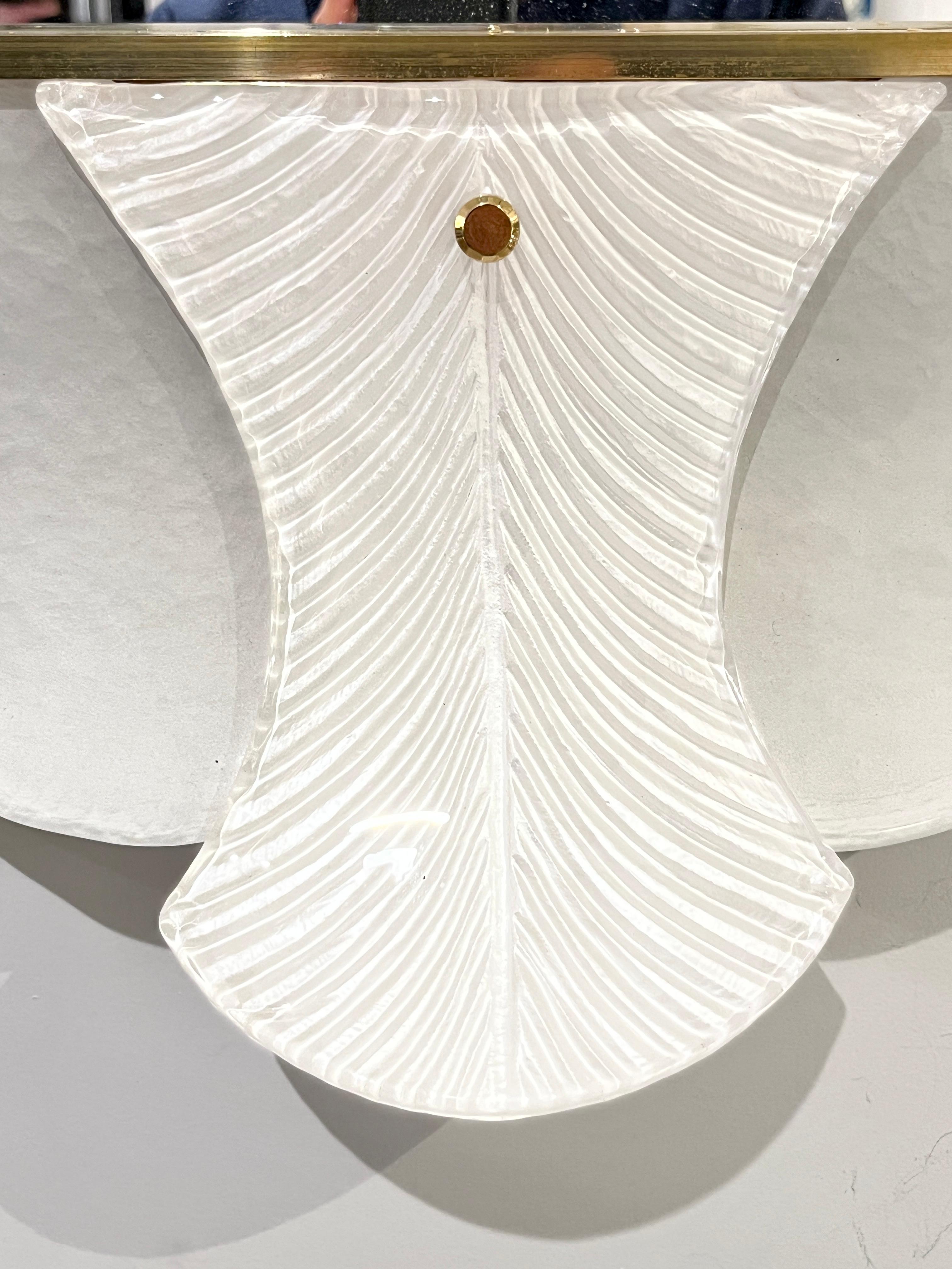 Bespoke Italian Art Deco Style Curved Leaf White Gold Murano Glass Brass Mirror For Sale 3