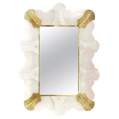 Bespoke Italian Art Deco Style Curved Leaf White Gold Murano Glass Brass Mirror