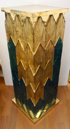 Bespoke Italian Art Deco Style Green Gold Murano Glass Brass and Wood Pedestals