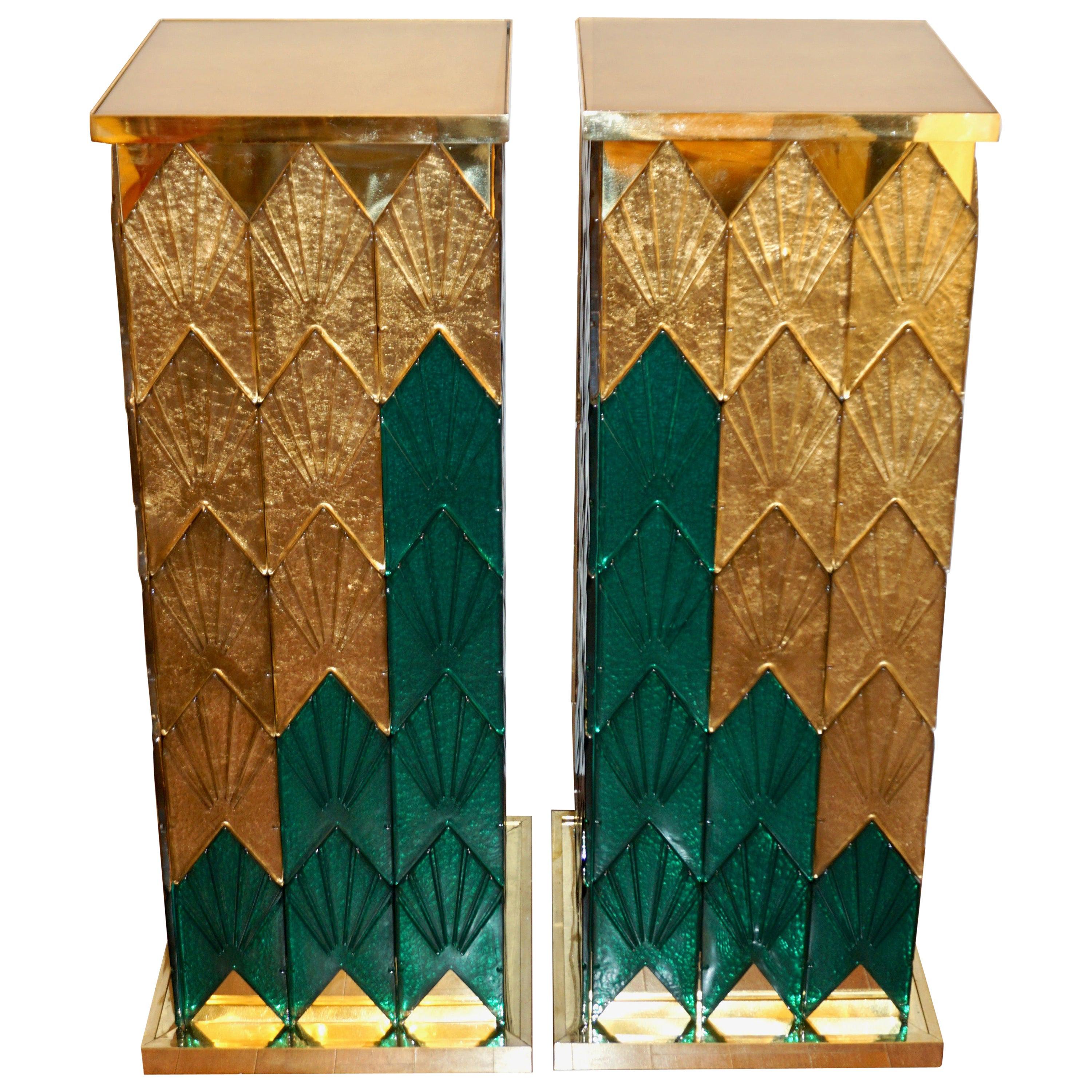 Maßgeschneiderter italienischer Muranoglas-Sockel aus Messing und Holz in Grüngold, Art déco im Angebot