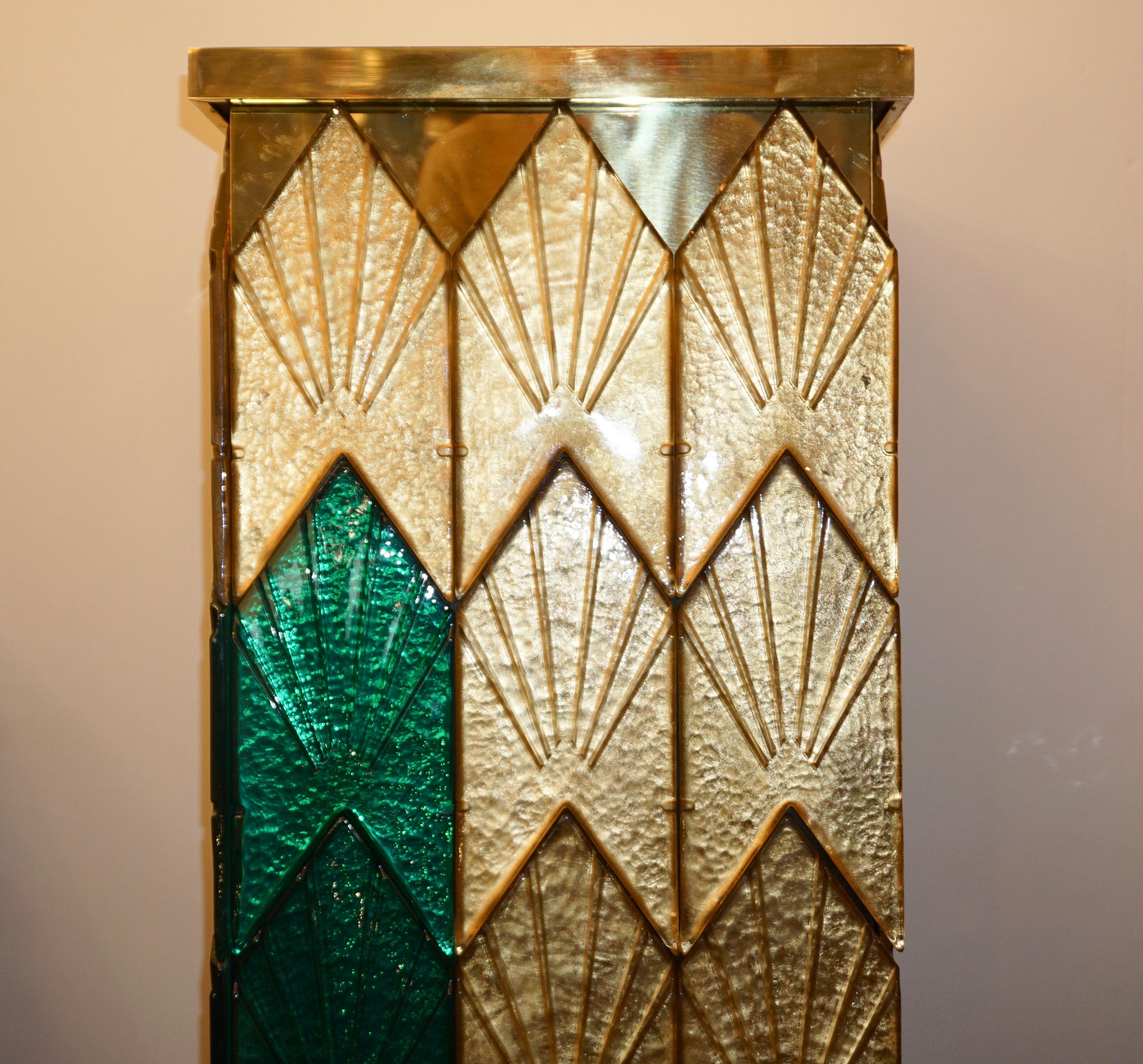 Bespoke Italian Art Deco Style Green Gold Murano Glass Brass and Wood Pedestals For Sale 8
