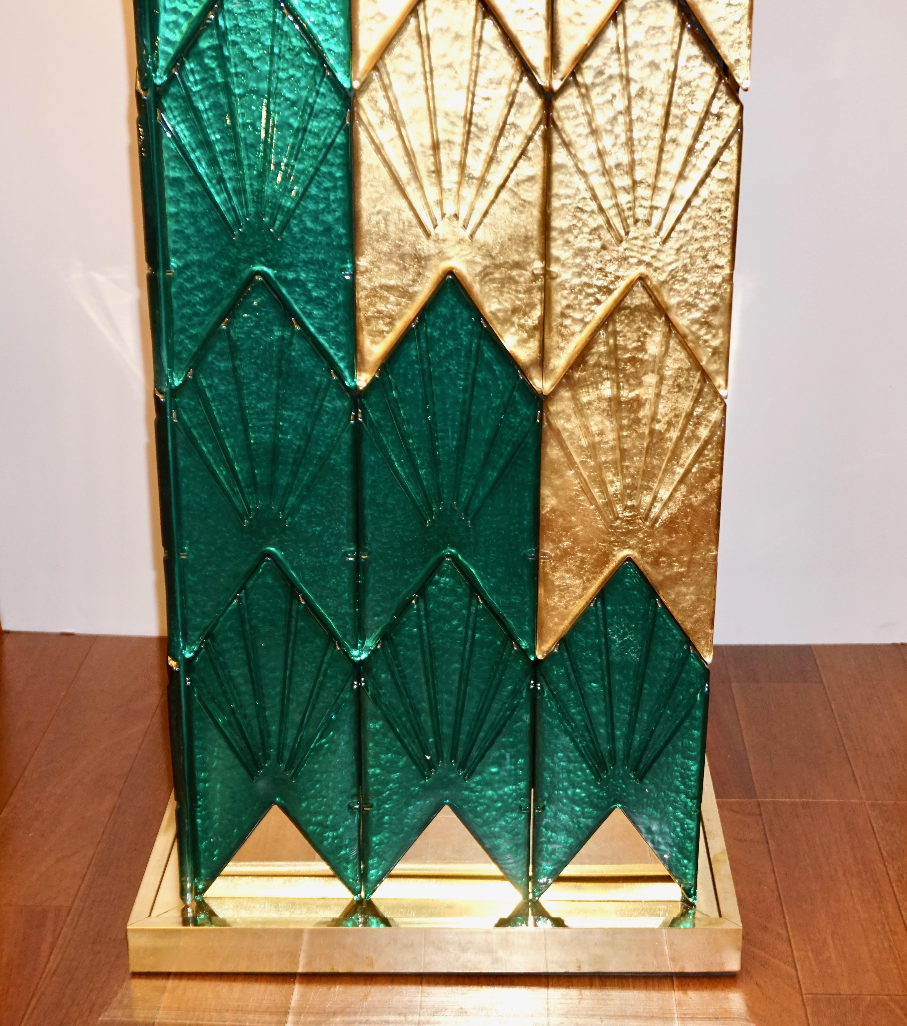 Bespoke Italian Art Deco Style Green Gold Murano Glass Brass and Wood Pedestals For Sale 9