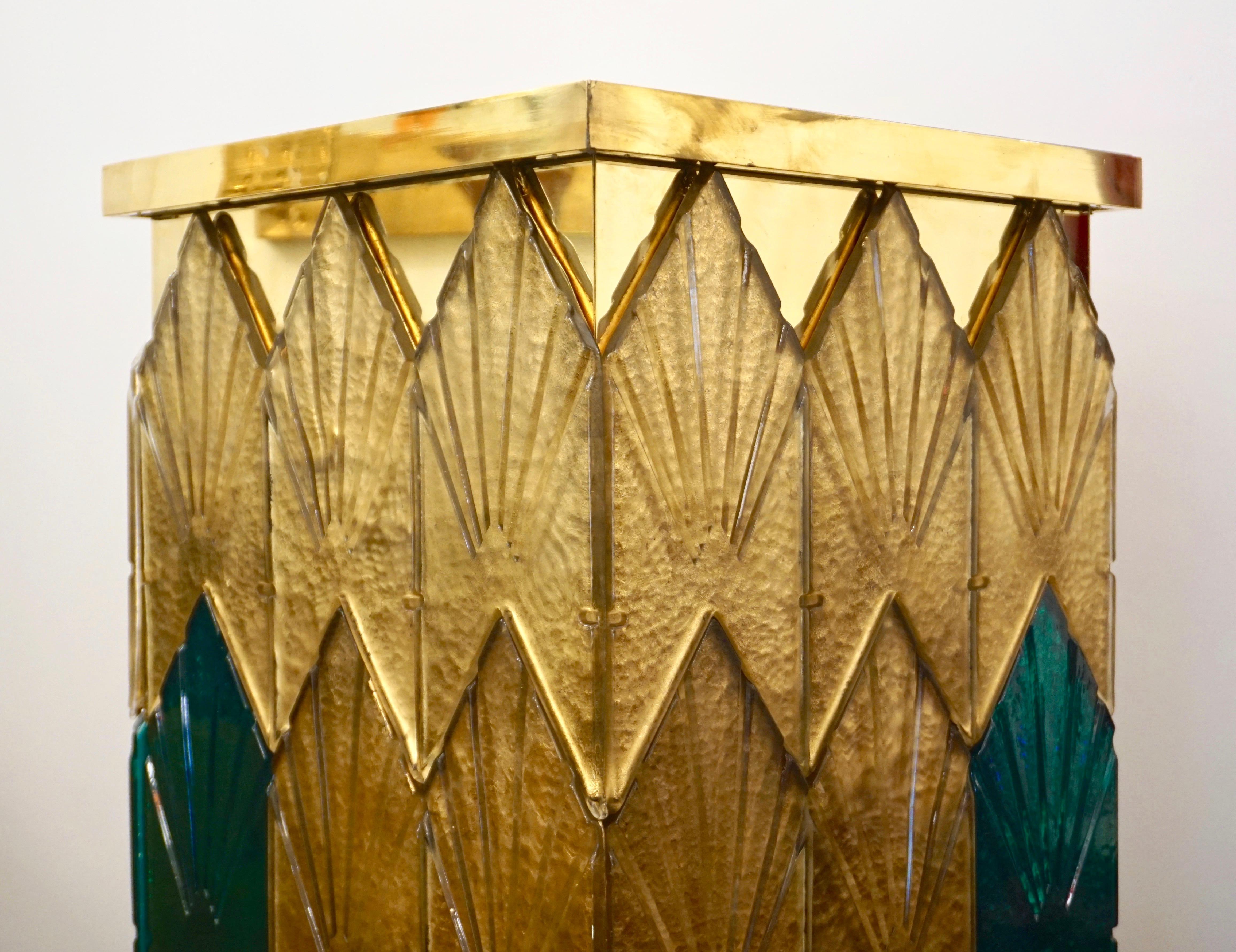Bespoke Italian Art Deco Style Green Gold Murano Glass Brass and Wood Pedestals In Excellent Condition For Sale In New York, NY