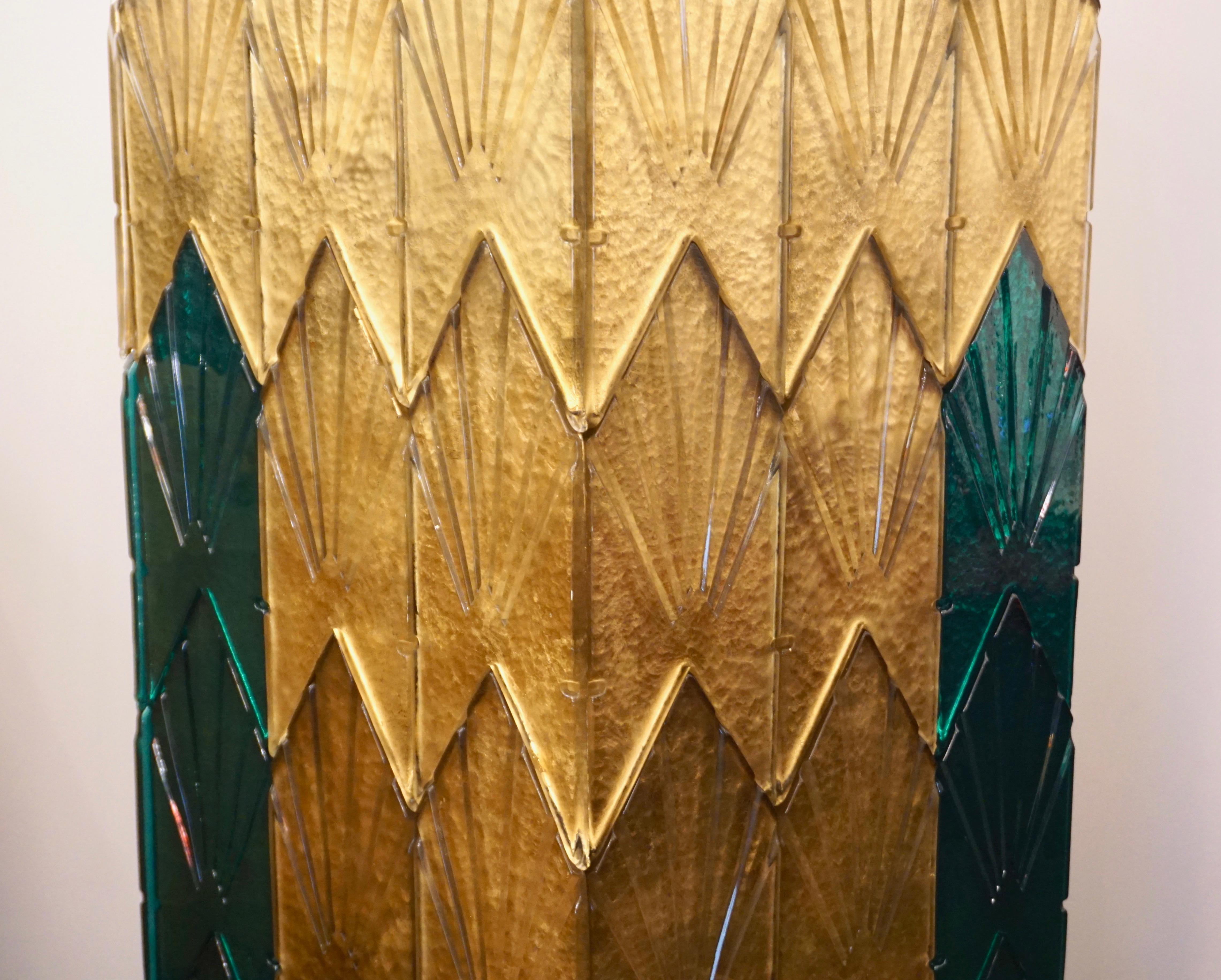 Bespoke Italian Art Deco Style Green Gold Murano Glass Brass and Wood Pedestals For Sale 2
