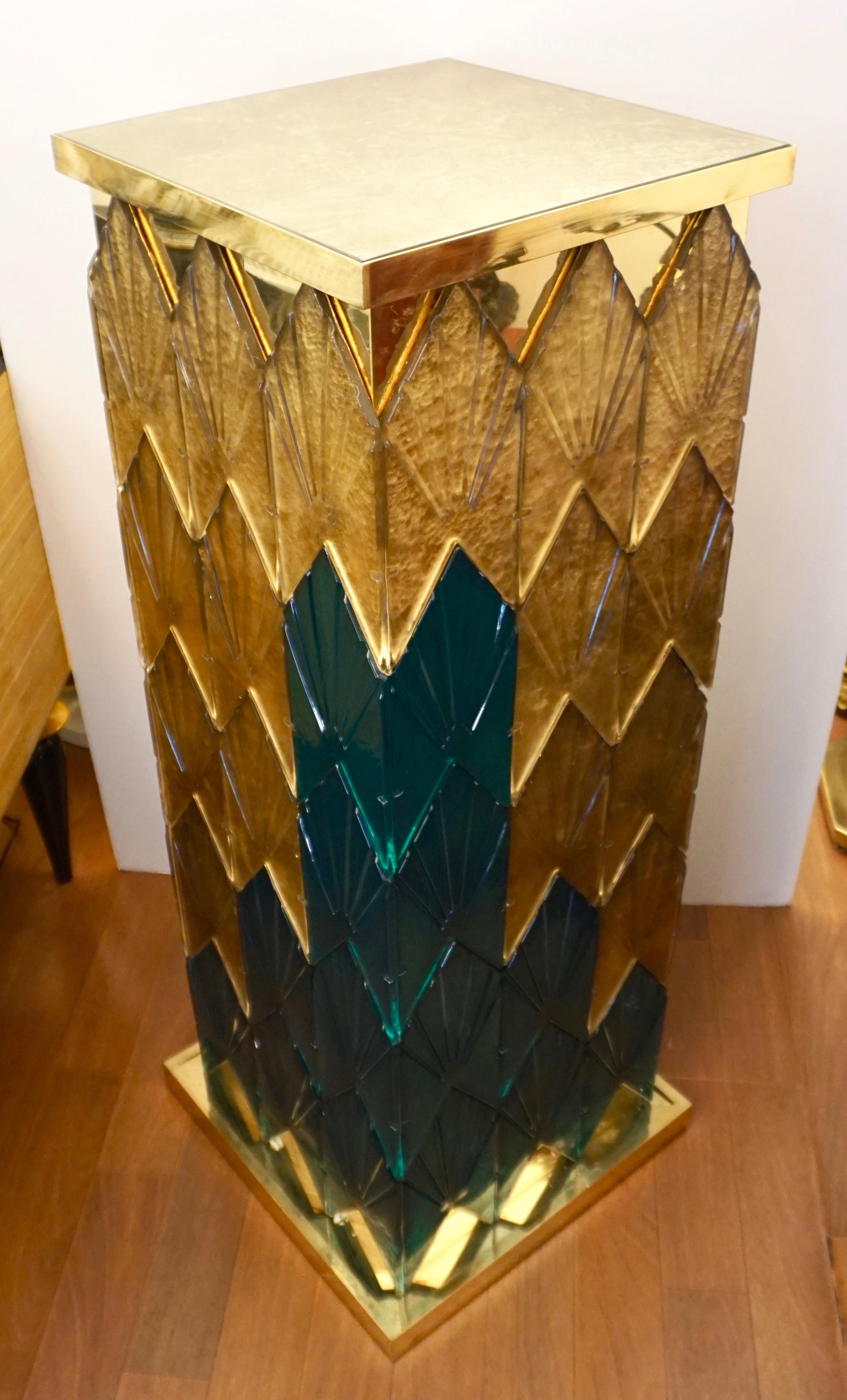 Bespoke Italian Art Deco Style Green Gold Murano Glass Brass and Wood Pedestals For Sale 3