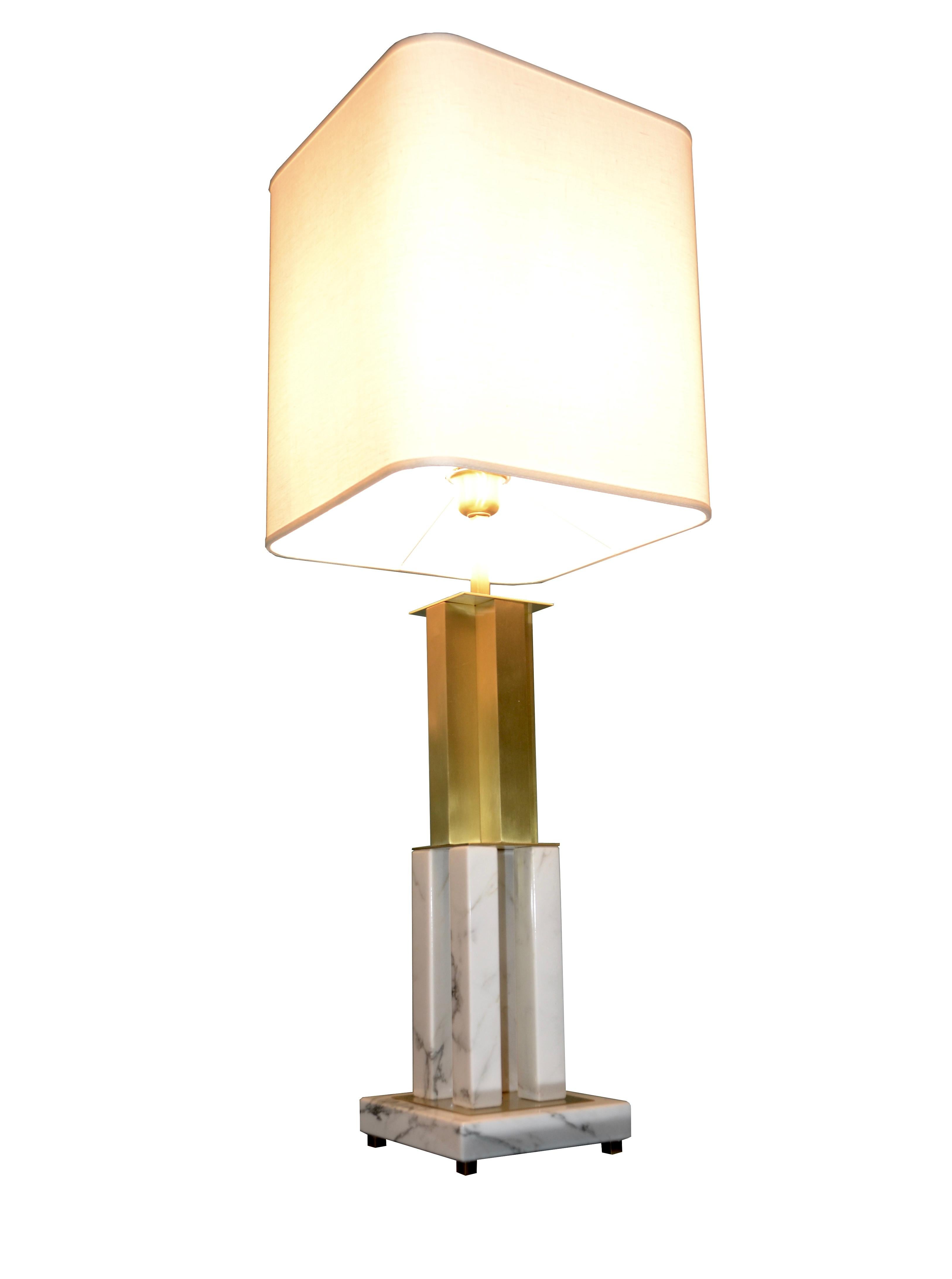 Italian Pair Art Deco Urban Design White Marble Satin Brass Empire Table Lamps 4