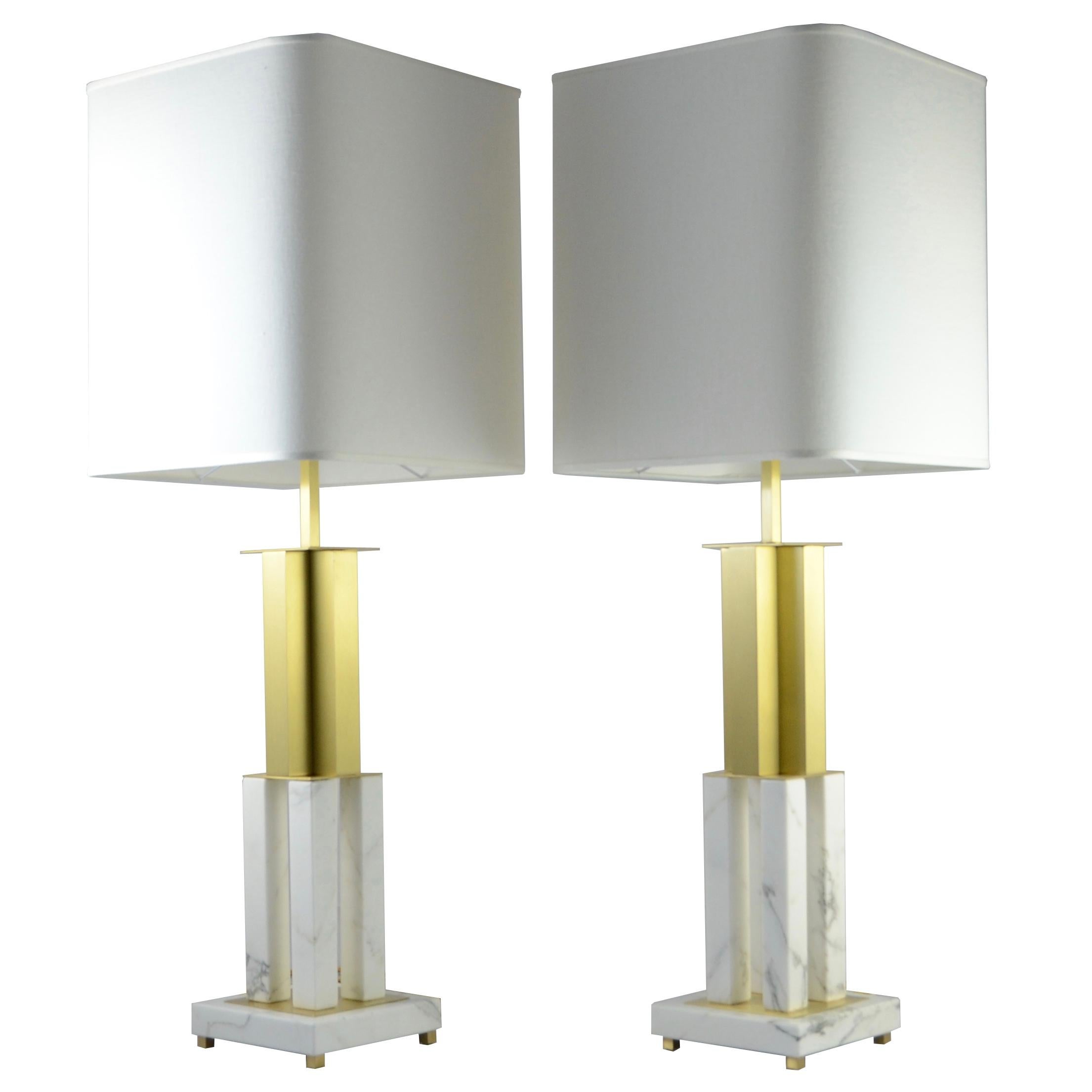 Italian Pair Art Deco Urban Design White Marble Satin Brass Empire Table Lamps 5
