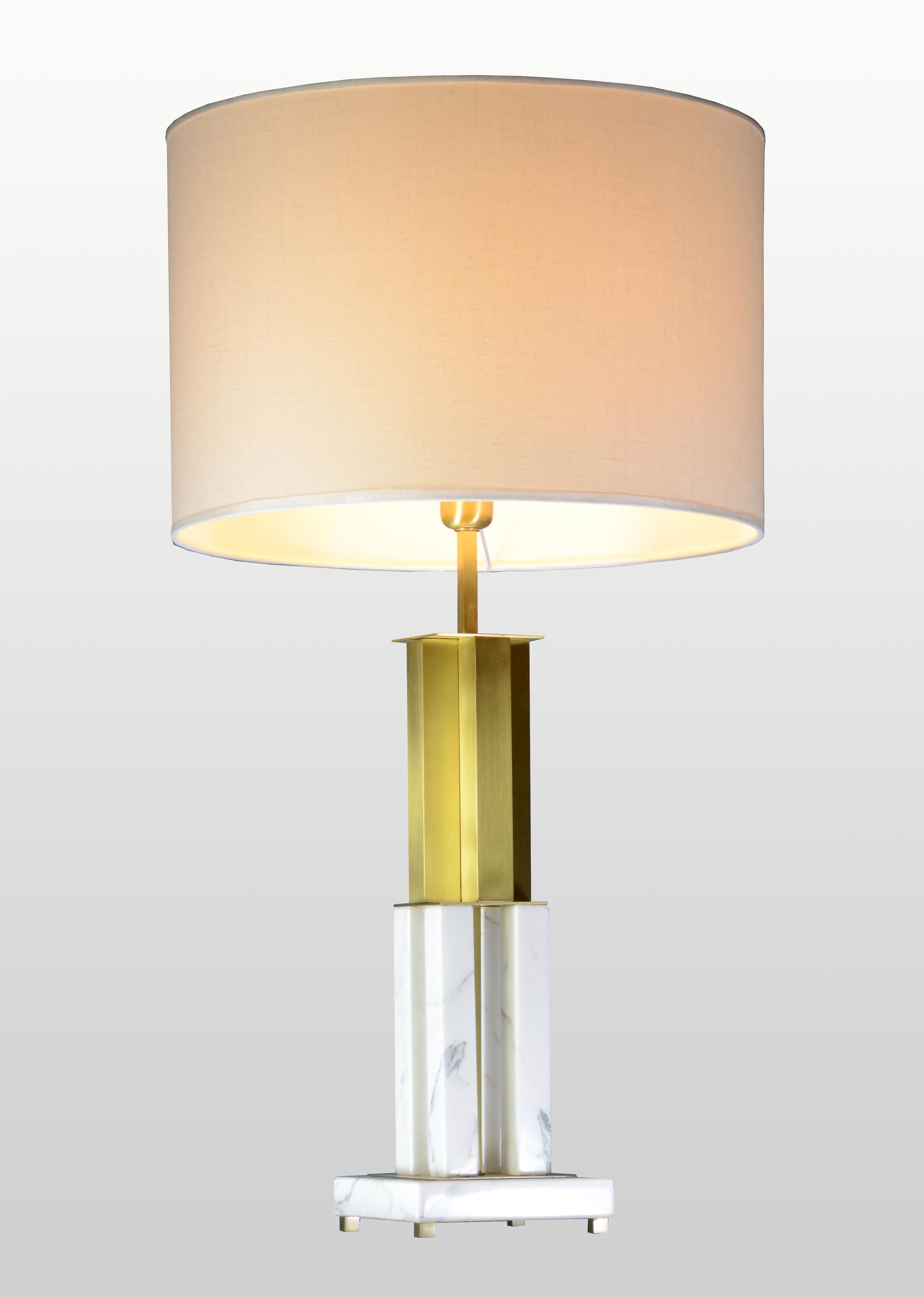 Italian Pair Art Deco Urban Design White Marble Satin Brass Empire Table Lamps 6