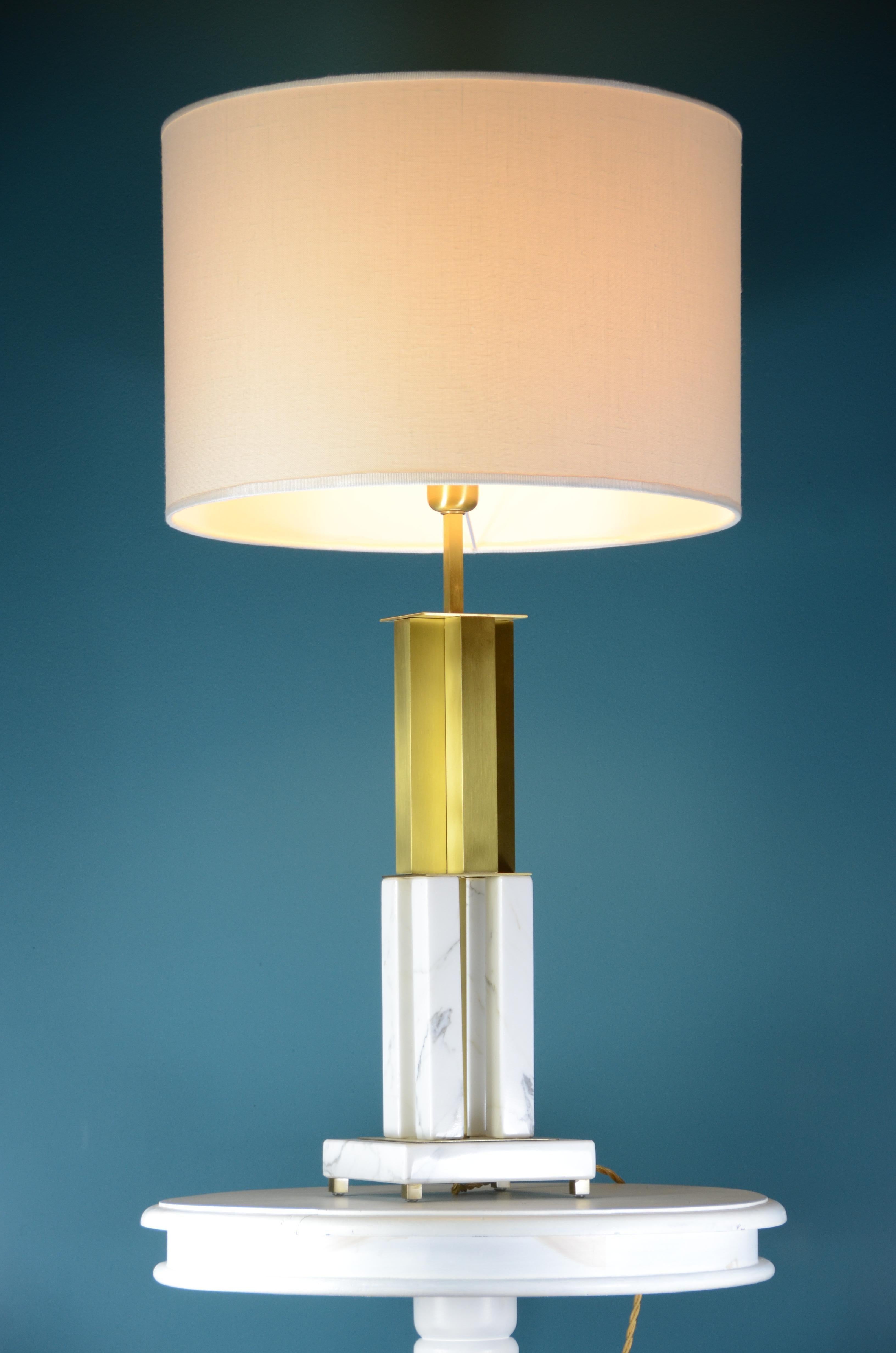 Metal Bespoke Italian Art Deco Urban Design White Marble Satin Brass Empire Table Lamp